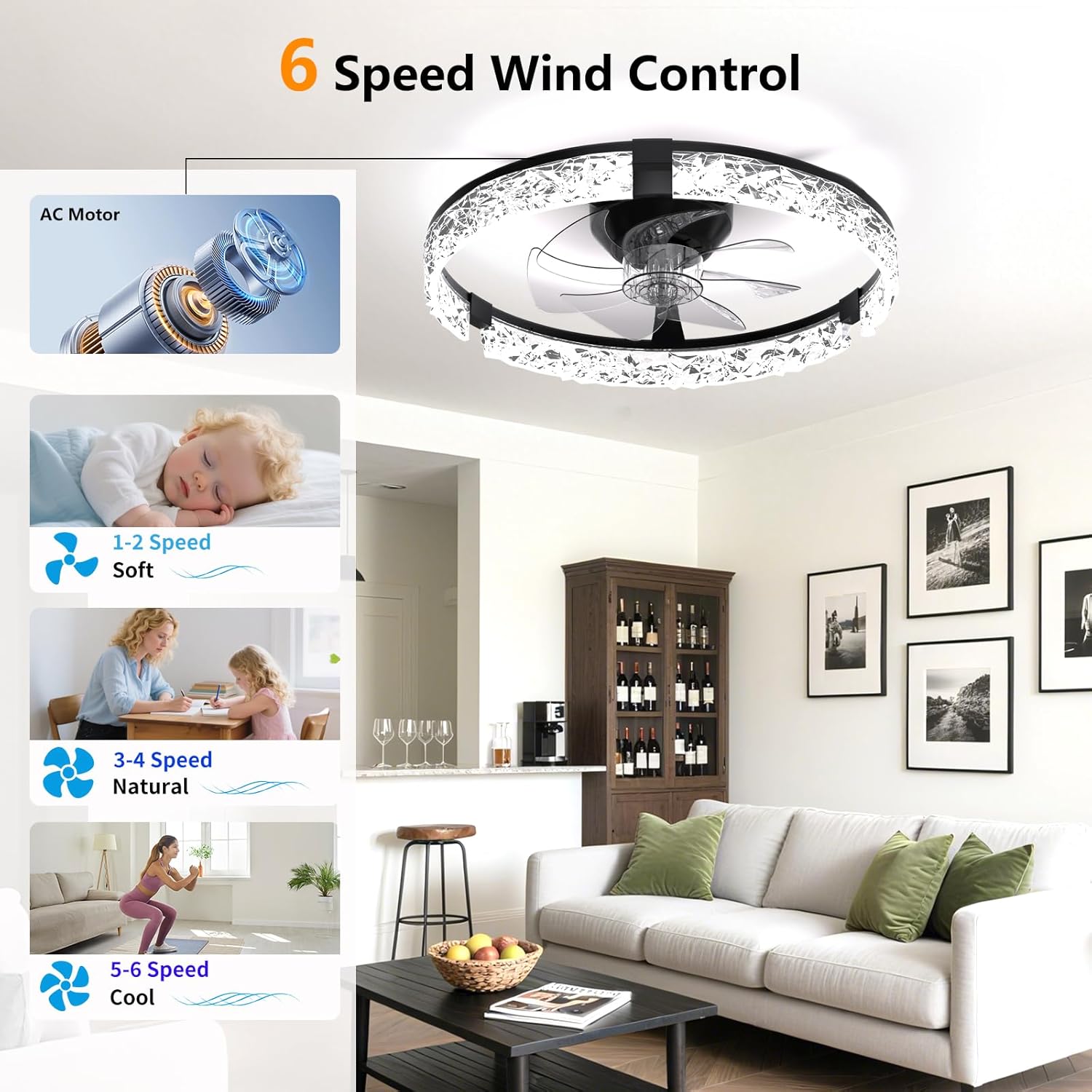 Ceiling Fans with Lights and Remote, Crystal-Edged Modern Flush Mount LED Fan Light, 6 Wind Speeds Low Profile Fandelier Ceiling Fan with Light for Bedroom, 3000-6500K Dimmable (19.7" Black)