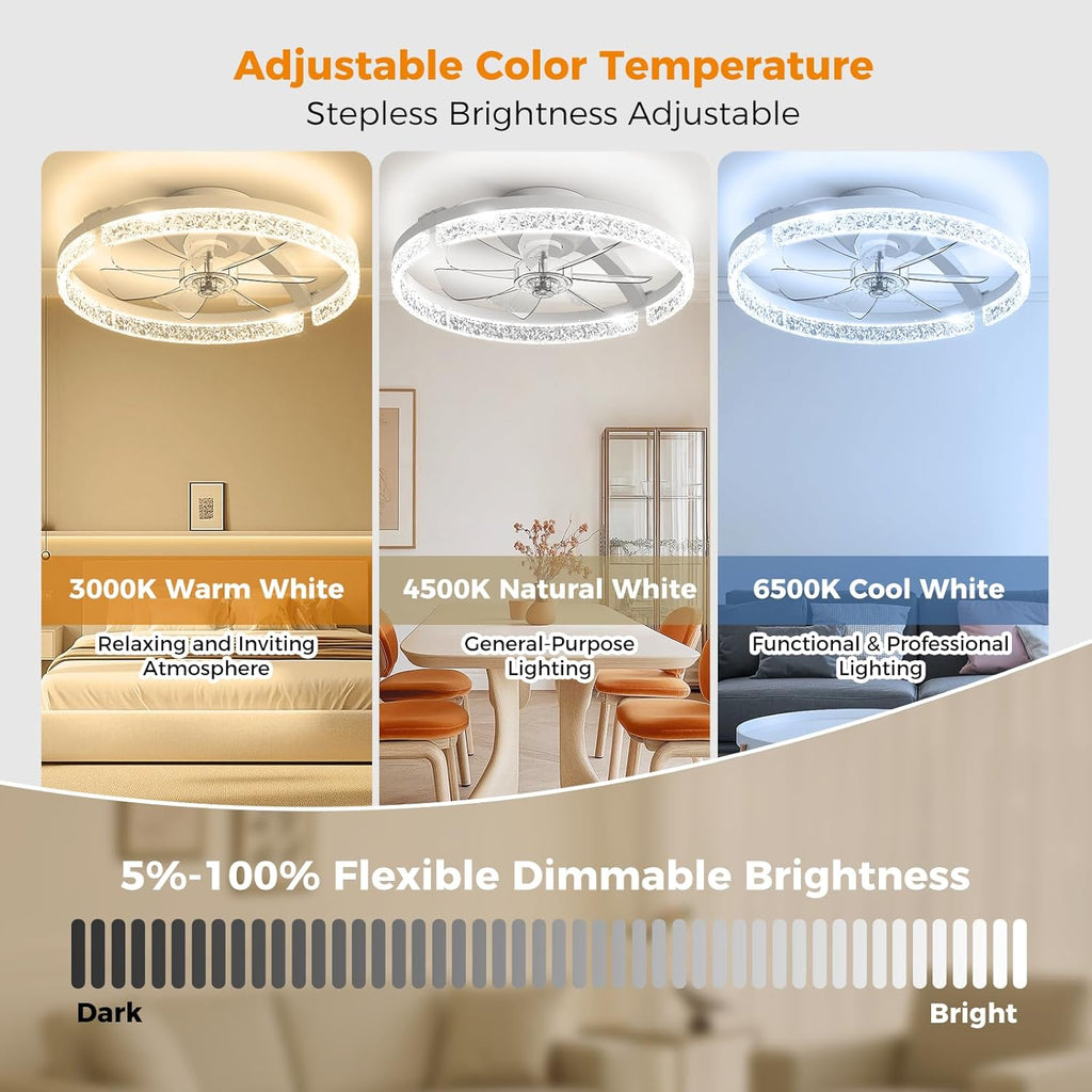 Ceiling Fans with Lights and Remote Low Profile Flush Mount LED Ceiling Fan with Lights 3000K-6500K Dimmable Foldable Fandelier Light 6 Wind Speeds Night Light for Bedroom Living Room White