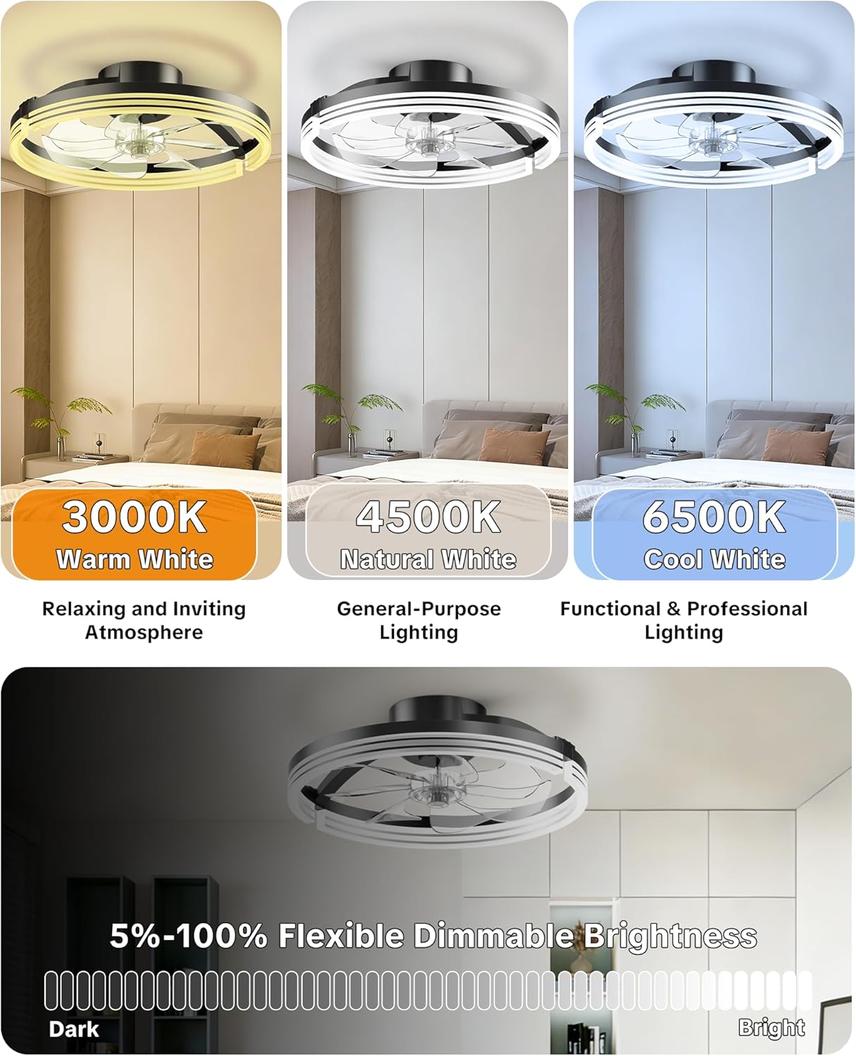 Ceiling Fans with Lights and Remote Low Profile Flush Mount LED Ceiling Fan with Lights 3000K-6500K Dimmable Foldable Fandelier Light 6 Wind Speeds Night Light for Bedroom Living Room Black (Striped)
