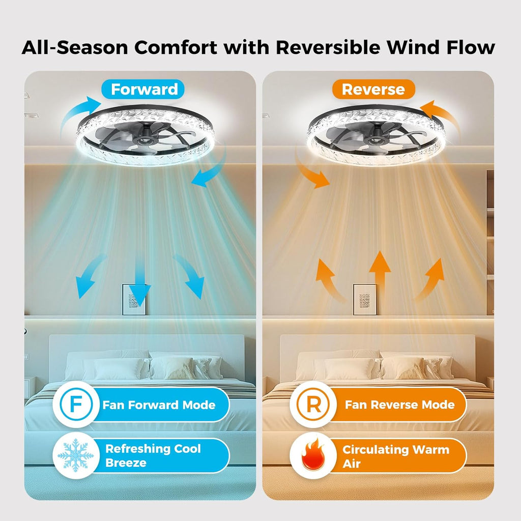 Ceiling Fans with Lights and Remote, Crystal-Edged Modern Flush Mount LED Fan Light, 6 Wind Speeds Low Profile Fandelier Ceiling Fan with Light for Bedroom, 3000-6500K Dimmable (20" Black)