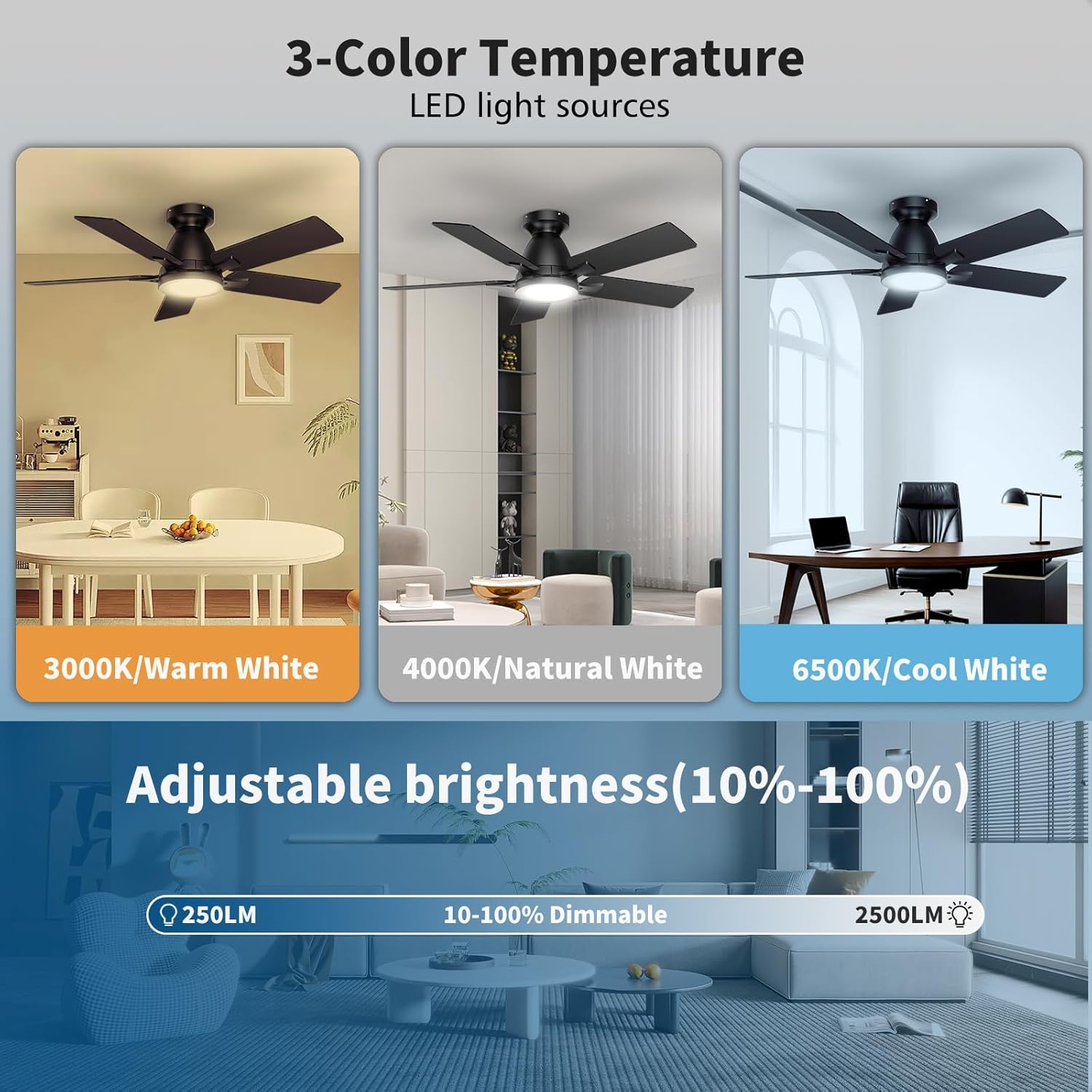 52 Inch Ceiling Fans with Lights and Remote Control, 6-Speed Quiet DC Motor, Reversible Blades, Dimmable LED Light (3CCT Adjustable), Modern Design for Bedroom, Living Room, Indoor Use - Black