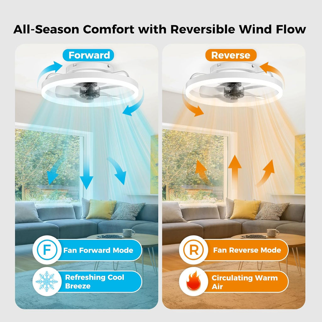 Ceiling Fans with Lights and Remote, 15.7" White Low Profile Ceiling Fan, Modern Flush Mount LED Fan Light, 6 Wind Speeds Fandelier Ceiling Fan with Light for Bedroom, 3000-6500K Dimmable