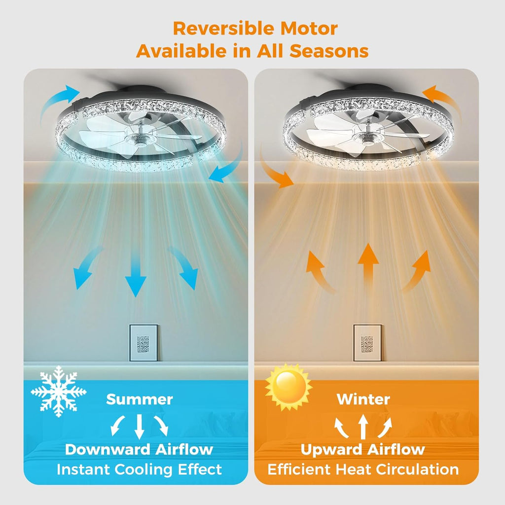 LED Ceiling Fans Foldable with Lights and Remote Flush Mount Ceiling Fan 3000-6500K Dimmable 6 Wind Speeds for Home Bedroom Kitchen Garage Shop Black-Crystal