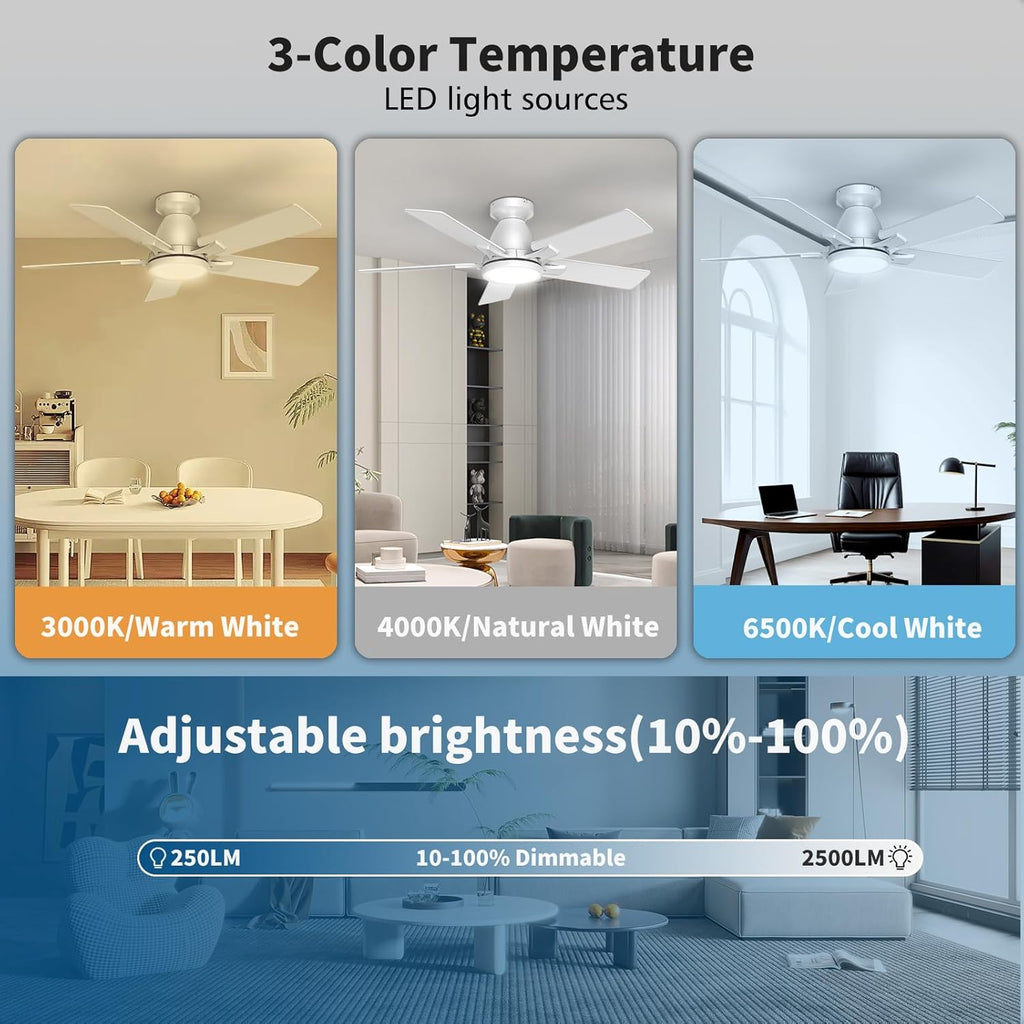42 Inch Ceiling Fans with Lights and Remote Control, 6-Speed Quiet DC Motor, Reversible Blades, Dimmable LED Light (3CCT Adjustable), Modern Design for Bedroom, Living Room, Indoor Use - White