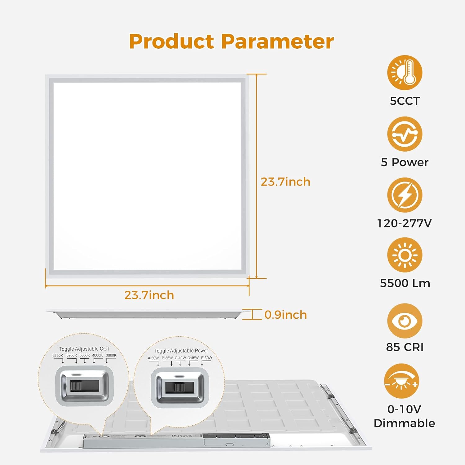 1 Pack 2x2 LED Flat Panel Light, Dimmable Office Kitchen Flush Mount Ceiling Light Panel,Bright 6500LM,Dimmable,Selectable Features, 3000K/4000K/5000K/5700K/6500K, 30W/35W/40W/45W/50W