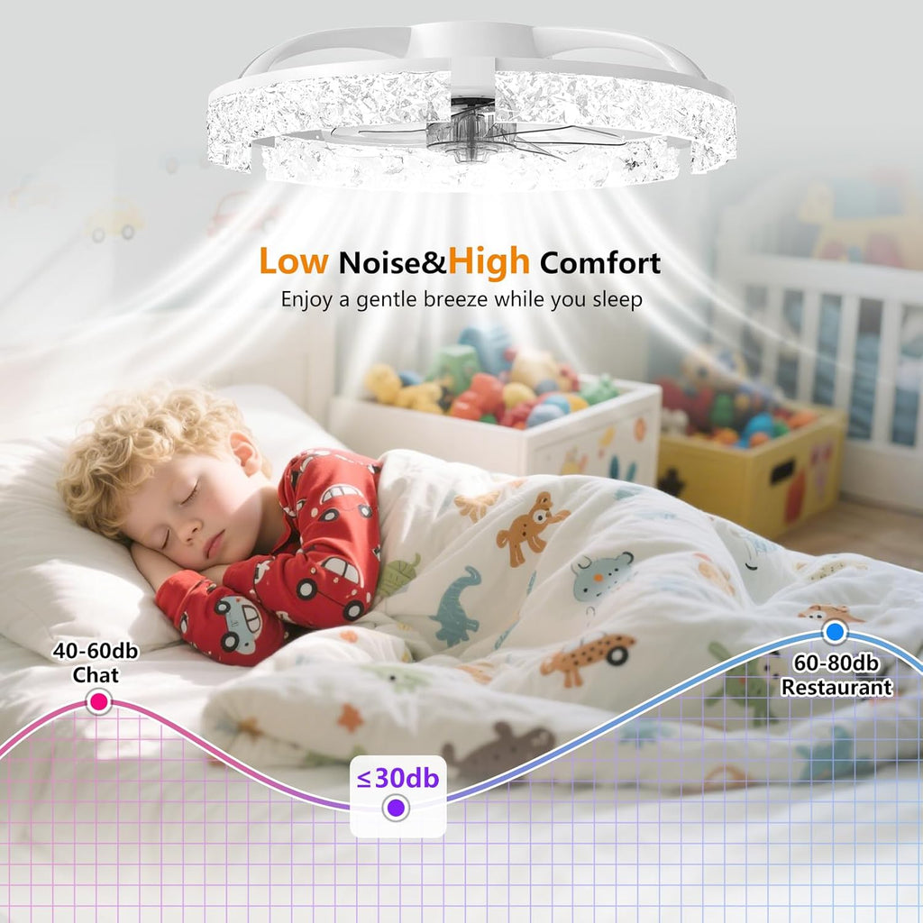 Ceiling Fans with Lights and Remote, Crystal-Edged Modern Flush Mount LED Fan Light, 6 Wind Speeds Low Profile Fandelier Ceiling Fan with Light for Bedroom, 3000-6500K Dimmable (19.7" White)