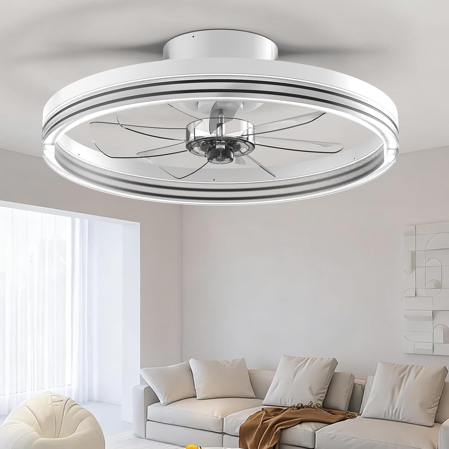 Ceiling Fans with Lights and Remote Low Profile Flush Mount LED Ceiling Fan with Lights 3000K-6500K Dimmable Foldable Fandelier Light 6 Wind Speeds Night Light for Bedroom Living Room White (Striped)