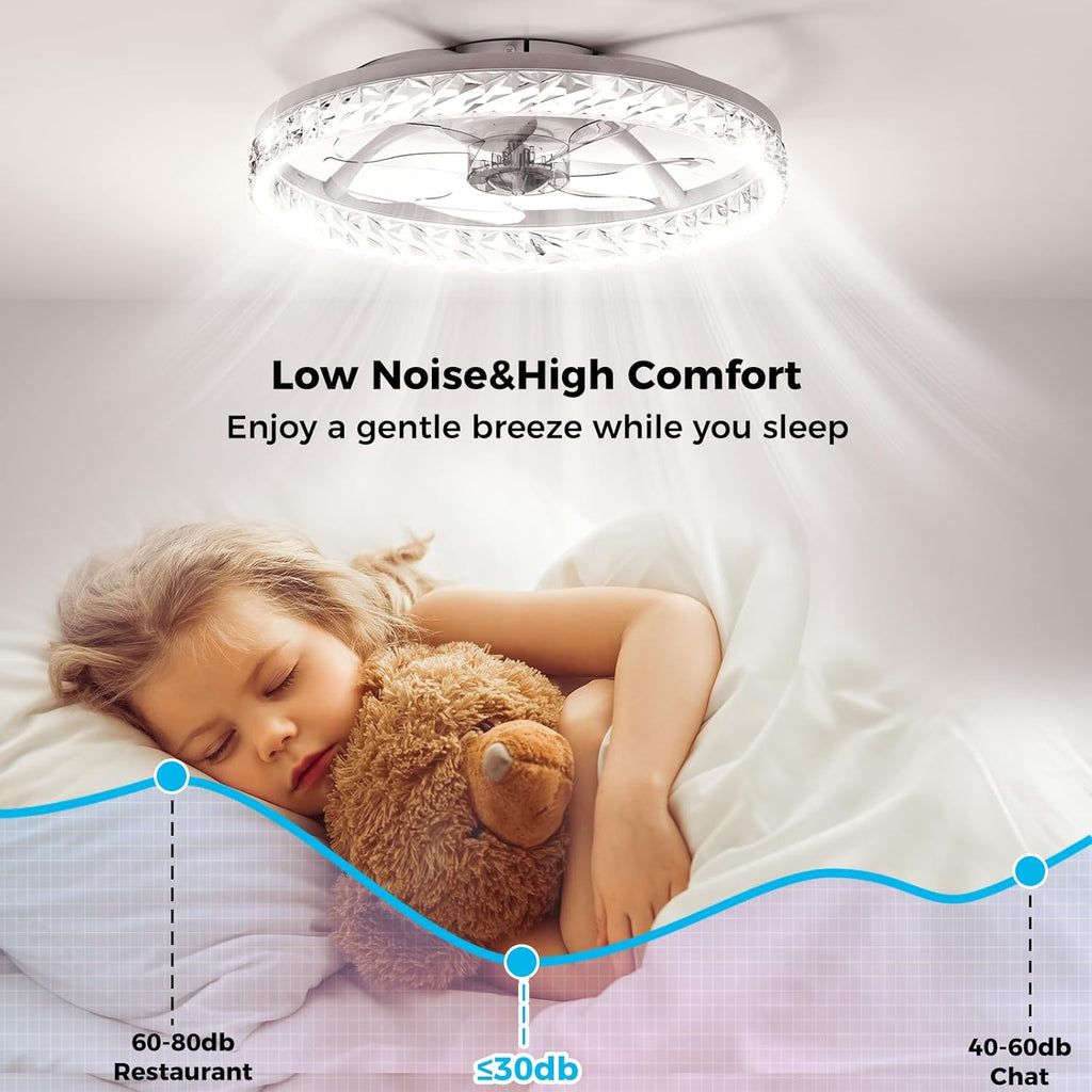 Ceiling Fans with Lights and Remote, Crystal-Edged Modern Flush Mount LED Fan Light, 6 Wind Speeds Low Profile Fandelier Ceiling Fan with Light for Bedroom, 3000-6500K Dimmable (20" White)
