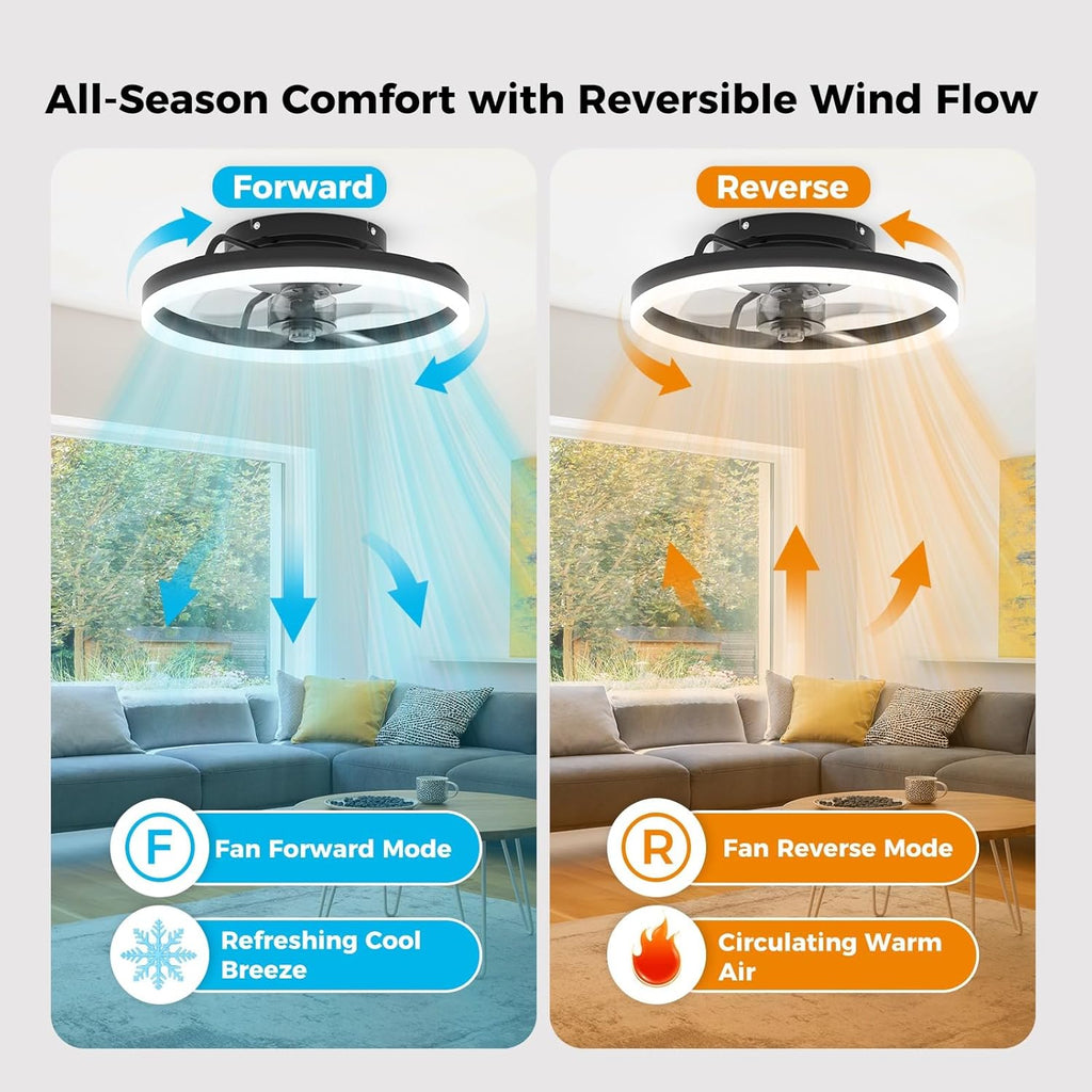 Ceiling Fans with Lights and Remote, Low Profile Ceiling Fan, Modern Flush Mount LED Fan Light, 6 Wind Speeds Fandelier Ceiling Fan with Light for Bedroom, 3000-6500K Dimmable (15.7" Graphite)