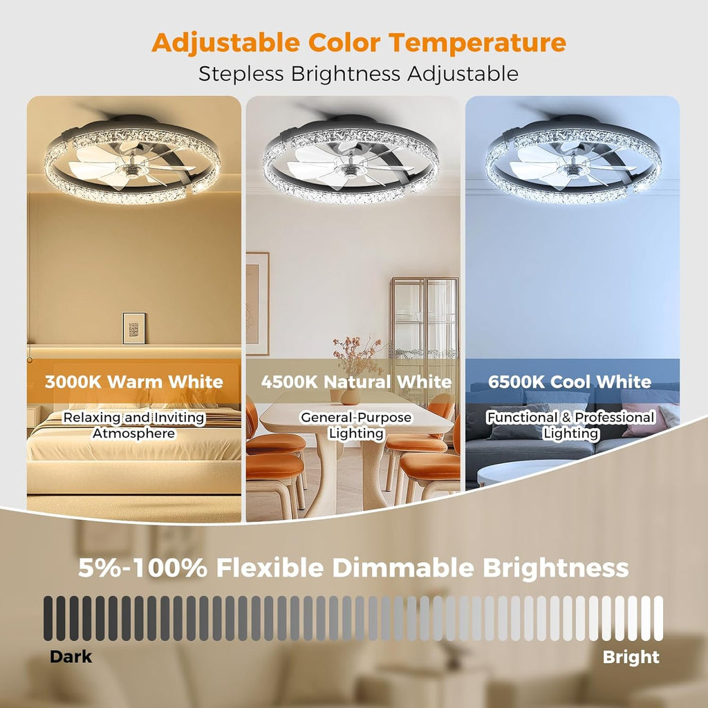 LED Ceiling Fans Foldable with Lights and Remote Flush Mount Ceiling Fan 3000-6500K Dimmable 6 Wind Speeds for Home Bedroom Kitchen Garage Shop Black-Crystal