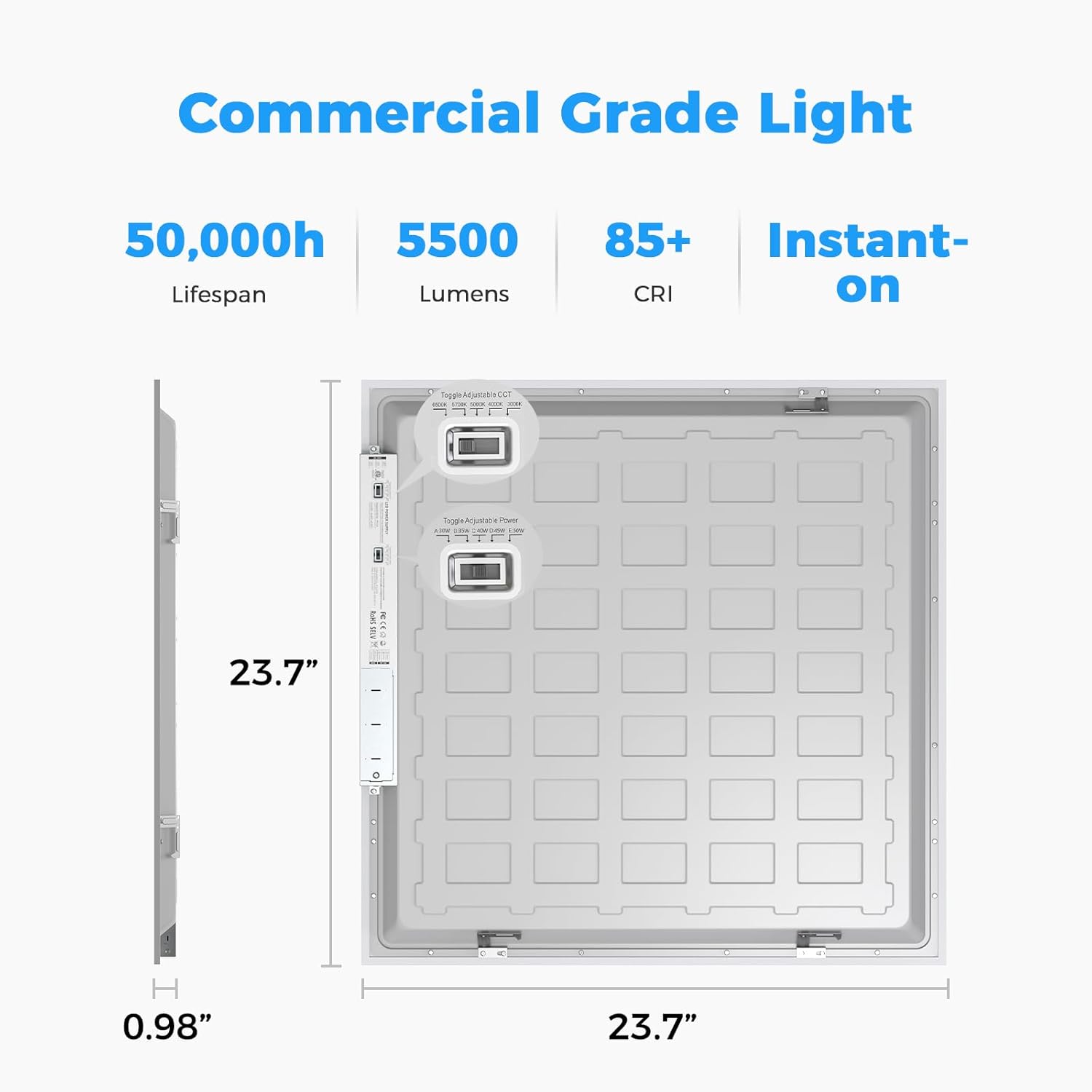 1PACK 2x2 LED Flat Panel Light, 5500 Lumens, 0-10V Dimmable, 30W/35W/40W/45W/50W Power Selectable, 3000K-6500K CCT Adjustable, 120-277V Drop Ceiling Light for Office, School, Commercial Use