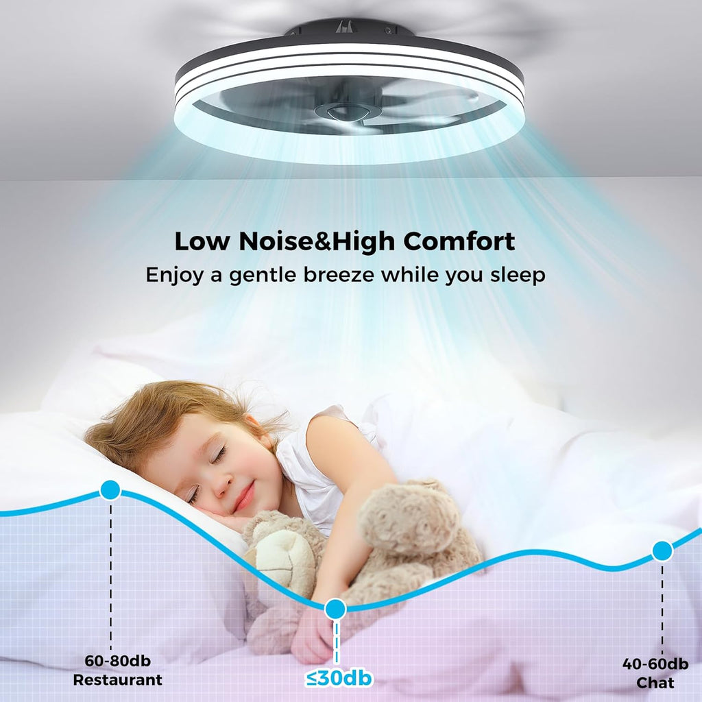Ceiling Fans with Lights and Remote, 20" Black Low Profile Ceiling Fan, Modern Flush Mount LED Fan Light, 6 Wind Speeds Fandelier Ceiling Fan with Light for Bedroom, 3000-6500K Dimmable