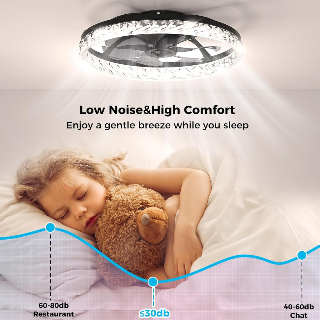 Ceiling Fans with Lights and Remote, Crystal-Edged Modern Flush Mount LED Fan Light, 6 Wind Speeds Low Profile Fandelier Ceiling Fan with Light for Bedroom, 3000-6500K Dimmable (20" Black)