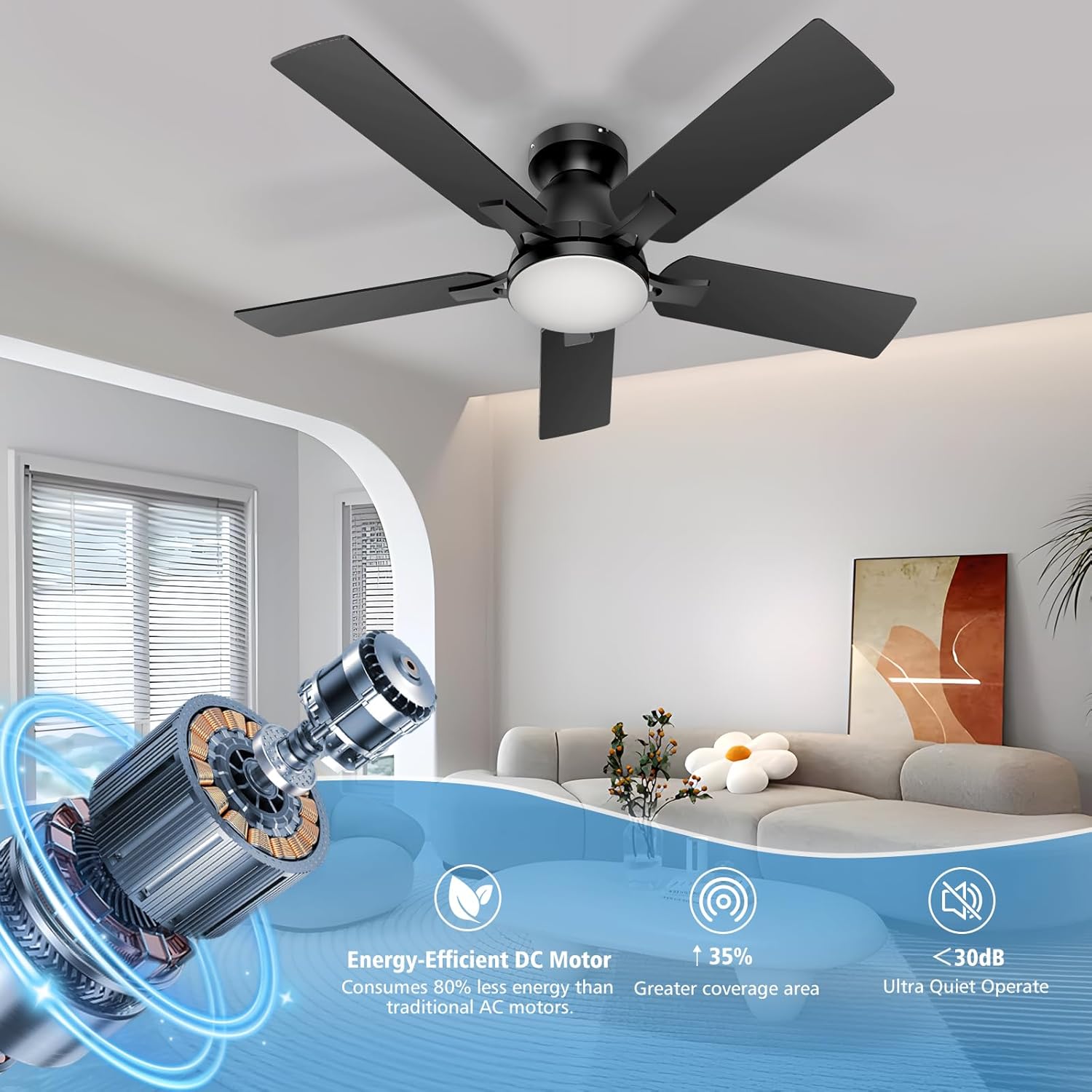 42 Inch Ceiling Fans with Lights and Remote Control, 6-Speed Quiet DC Motor, Reversible Blades, Dimmable LED Light (3CCT Adjustable), Modern Design for Bedroom, Living Room, Indoor Use - Black