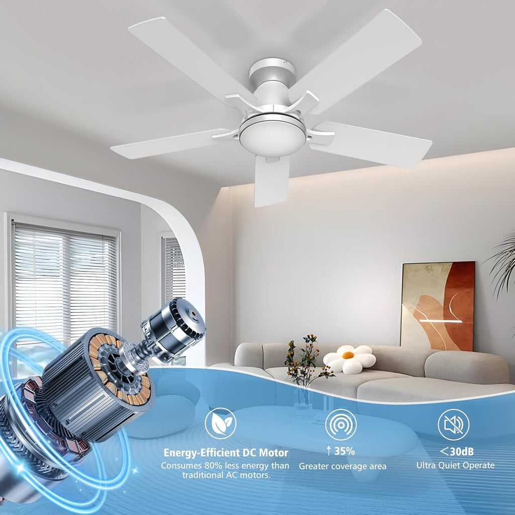 52 Inch Ceiling Fans with Lights and Remote Control, 6-Speed Quiet DC Motor, Reversible Blades, Dimmable LED Light (3CCT Adjustable), Modern Design for Bedroom, Living Room, Indoor Use - White