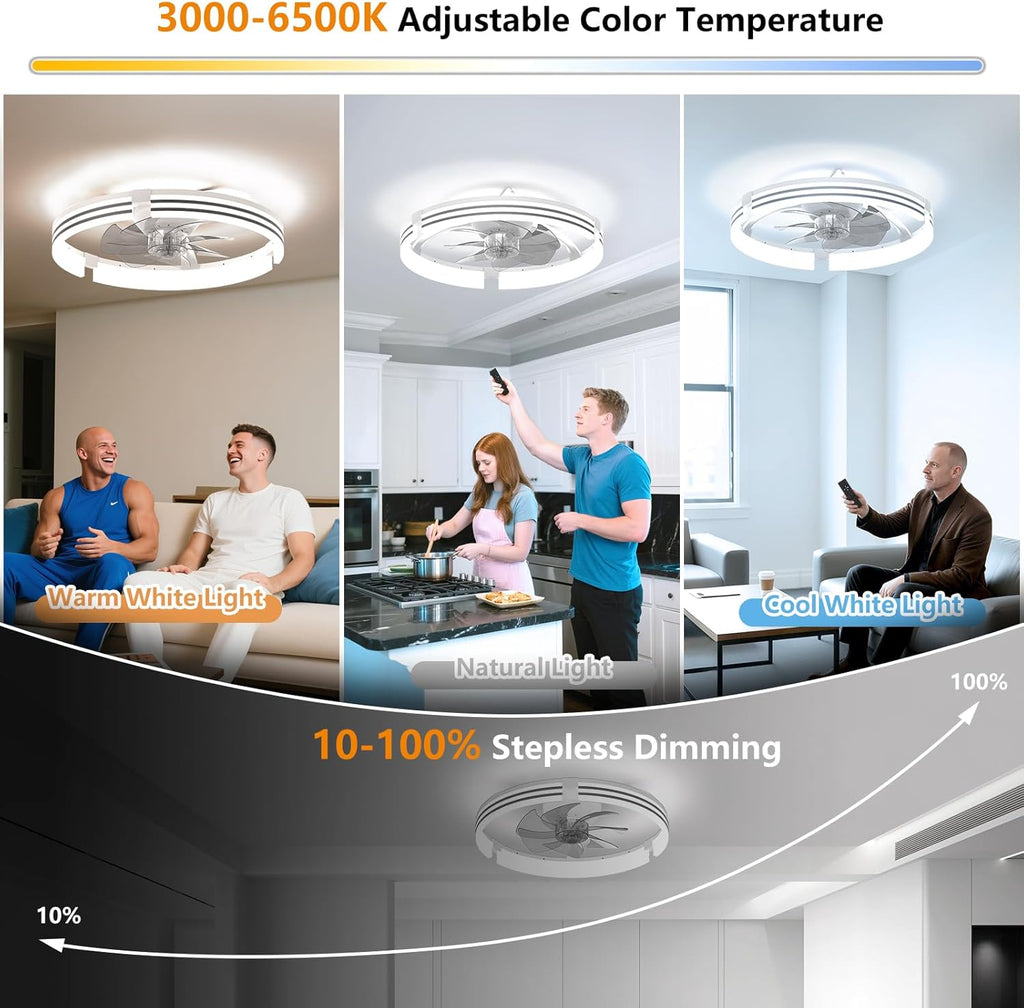 Ceiling Fans with Lights and Remote, 19.7" White Low Profile Ceiling Fan, Modern Flush Mount LED Fan Light, 6 Wind Speeds Fandelier Ceiling Fan with Light for Bedroom, 3000-6500K Dimmable