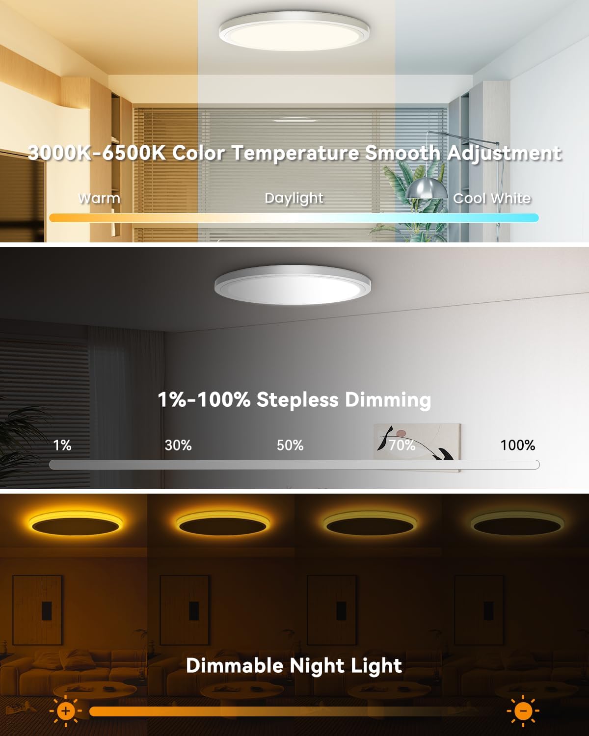 15.8 inch LED Flush Mount Ceiling Light with Night Light,36W 3600LM 3000K-6500K Dimmable Ceiling Light Fixture for Bedroom,Kitchen,Hallway - Wall Switch/Remote/APP Control