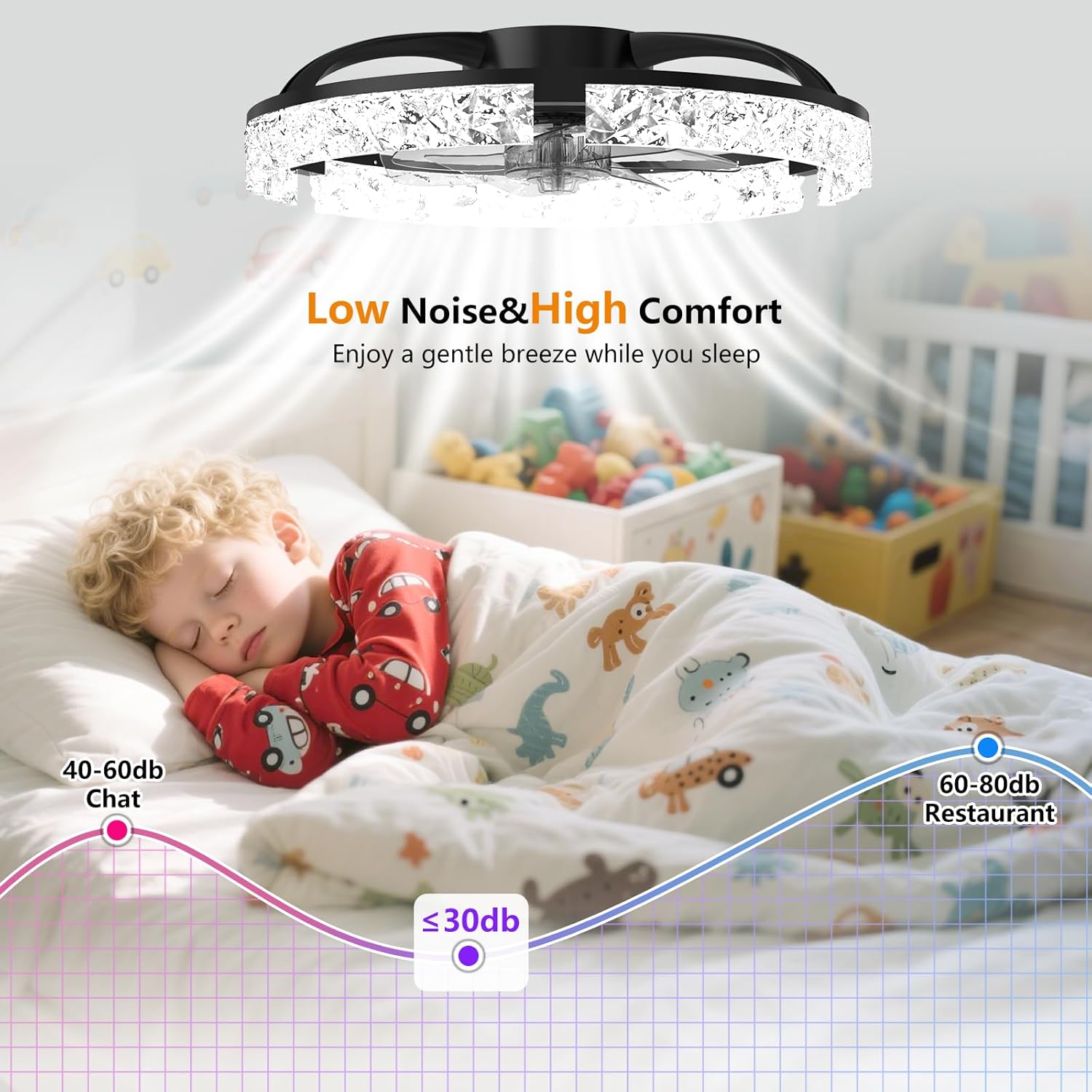 Ceiling Fans with Lights and Remote, Crystal-Edged Modern Flush Mount LED Fan Light, 6 Wind Speeds Low Profile Fandelier Ceiling Fan with Light for Bedroom, 3000-6500K Dimmable (19.7" Black)