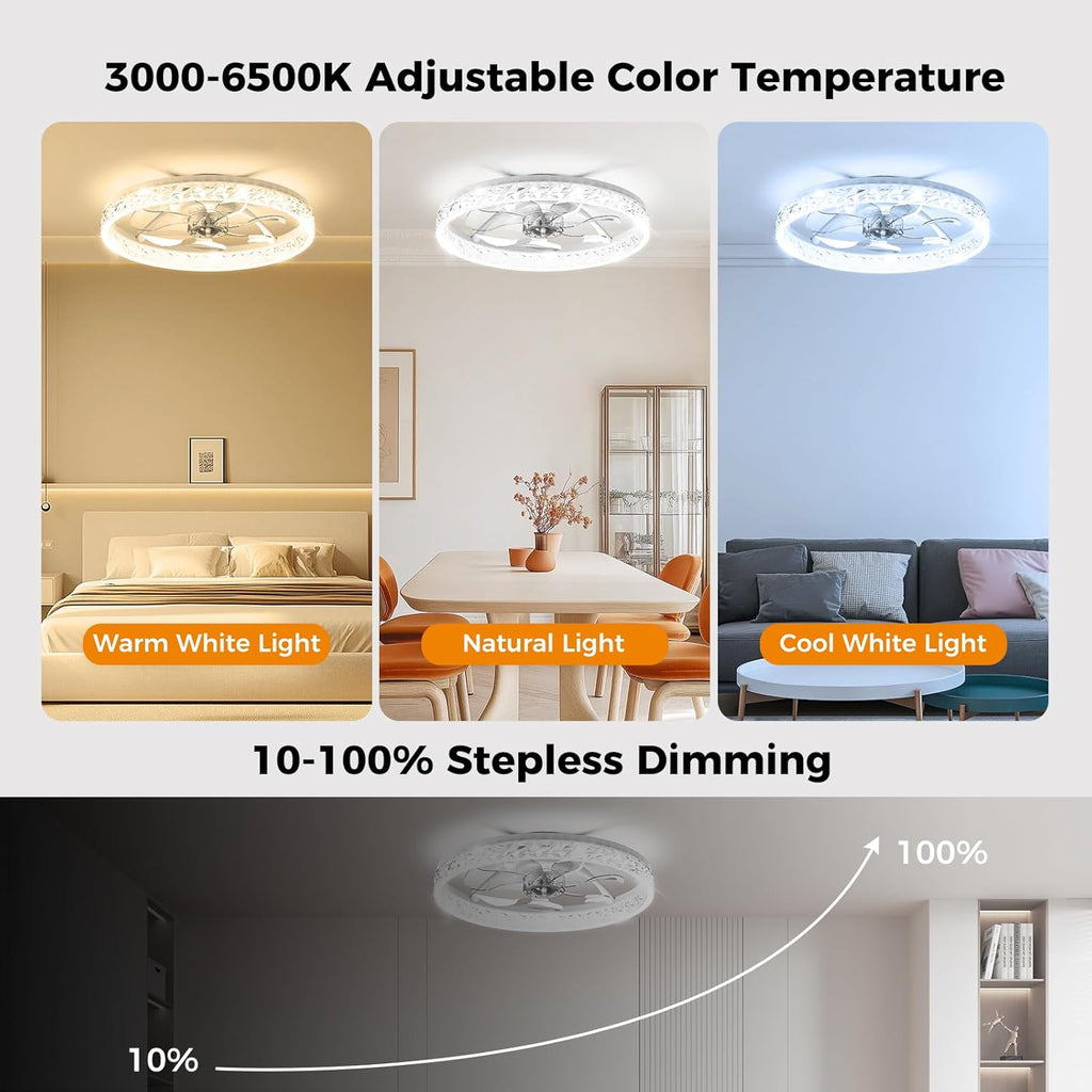 Ceiling Fans with Lights and Remote, Crystal-Edged Modern Flush Mount LED Fan Light, 6 Wind Speeds Low Profile Fandelier Ceiling Fan with Light for Bedroom, 3000-6500K Dimmable (20" White)