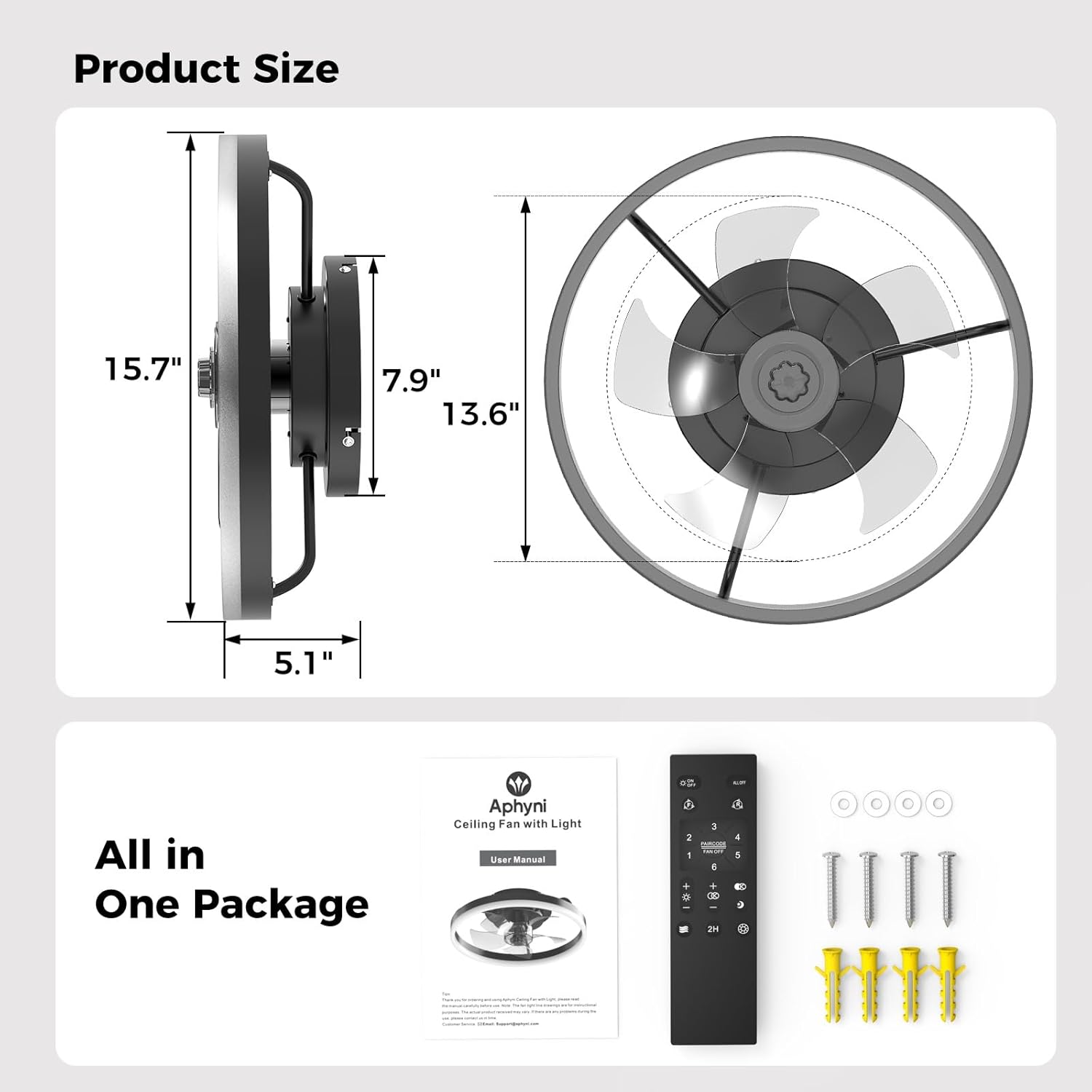 Ceiling Fans with Lights and Remote, Low Profile Ceiling Fan, Modern Flush Mount LED Fan Light, 6 Wind Speeds Fandelier Ceiling Fan with Light for Bedroom, 3000-6500K Dimmable (15.7" Graphite)