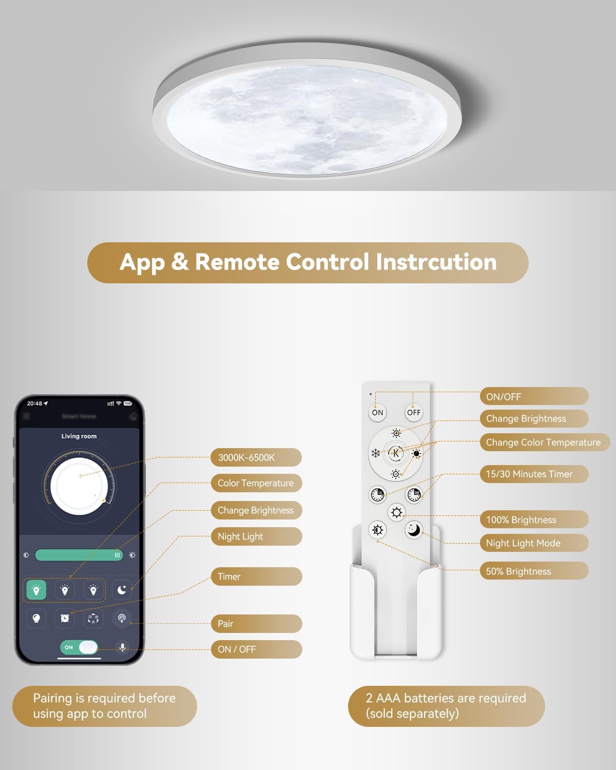 12 inch LED Flush Mount Ceiling Light,Unique Moon Design Morden LED Ceiling Lights,28W 2800LM Remote Control 3000K-6500K Adjustable Ultra Thin for Living Room Bedroom Hallway