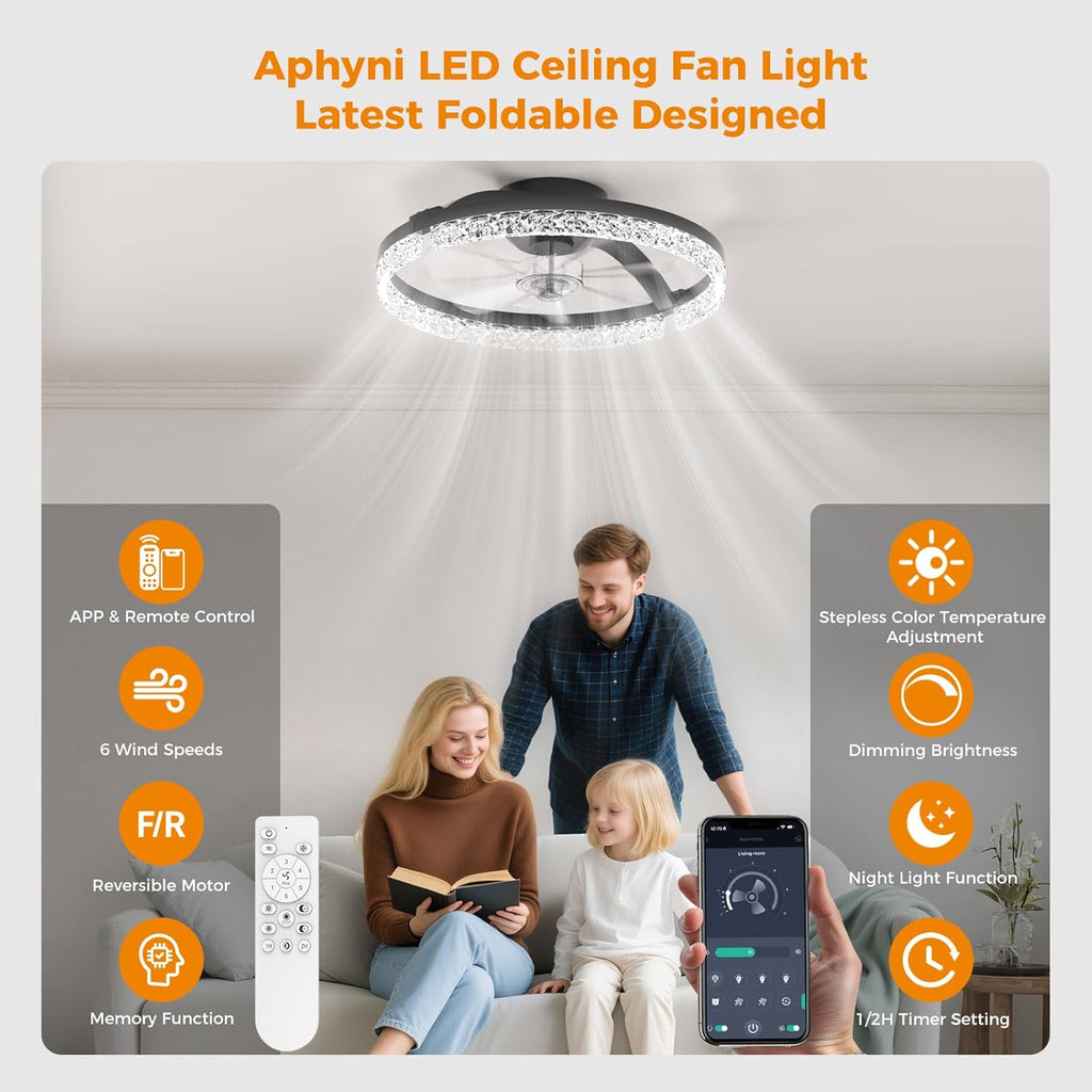 LED Ceiling Fans Foldable with Lights and Remote Flush Mount Ceiling Fan 3000-6500K Dimmable 6 Wind Speeds for Home Bedroom Kitchen Garage Shop Black-Crystal