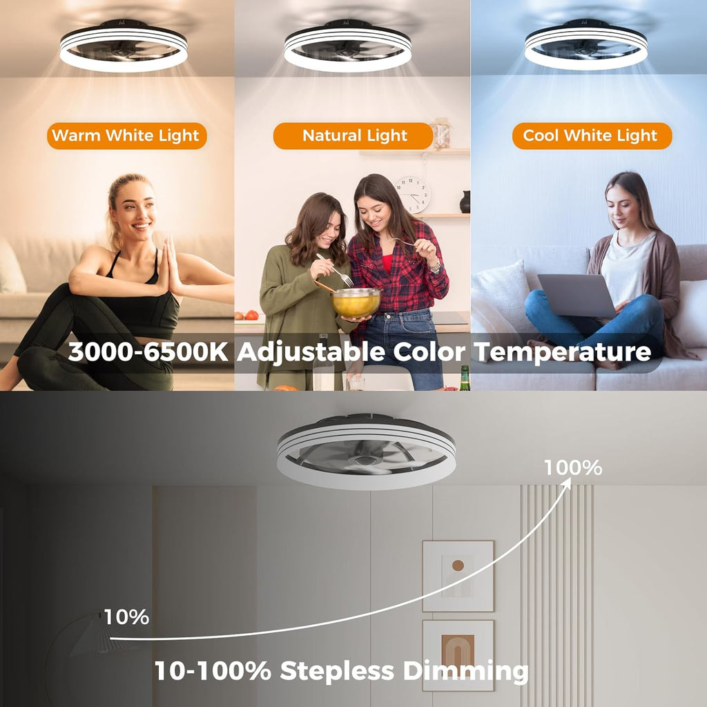 Ceiling Fans with Lights and Remote, 20" Black Low Profile Ceiling Fan, Modern Flush Mount LED Fan Light, 6 Wind Speeds Fandelier Ceiling Fan with Light for Bedroom, 3000-6500K Dimmable