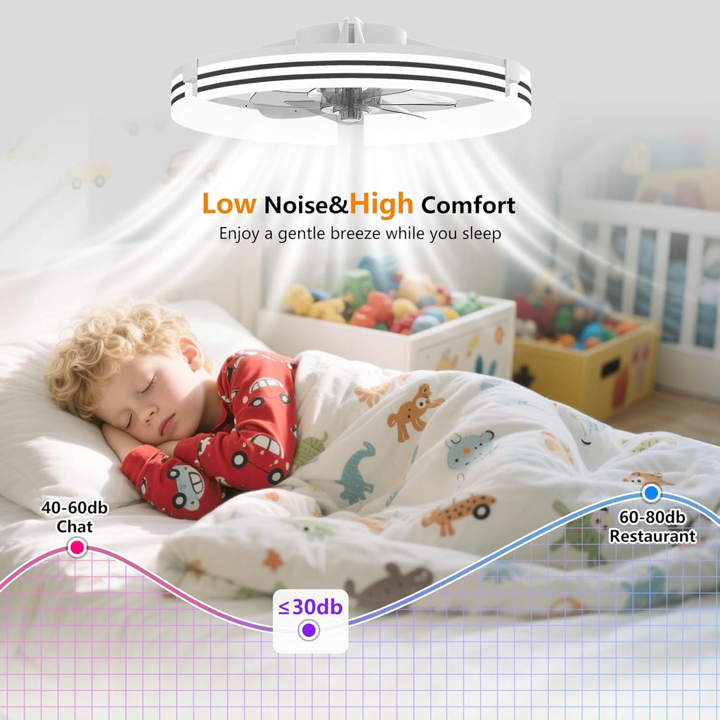 Ceiling Fans with Lights and Remote, 19.7" White Low Profile Ceiling Fan, Modern Flush Mount LED Fan Light, 6 Wind Speeds Fandelier Ceiling Fan with Light for Bedroom, 3000-6500K Dimmable