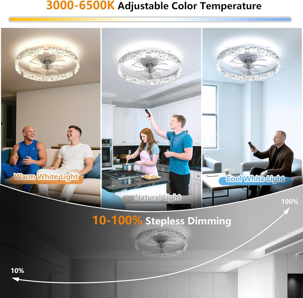 Ceiling Fans with Lights and Remote, Crystal-Edged Modern Flush Mount LED Fan Light, 6 Wind Speeds Low Profile Fandelier Ceiling Fan with Light for Bedroom, 3000-6500K Dimmable (19.7" White)
