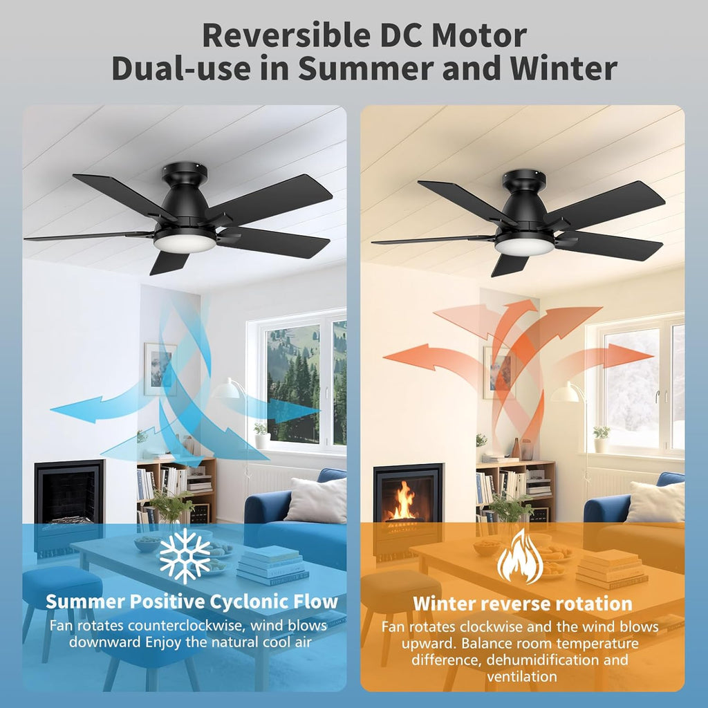 42 Inch Ceiling Fans with Lights and Remote Control, 6-Speed Quiet DC Motor, Reversible Blades, Dimmable LED Light (3CCT Adjustable), Modern Design for Bedroom, Living Room, Indoor Use - Black