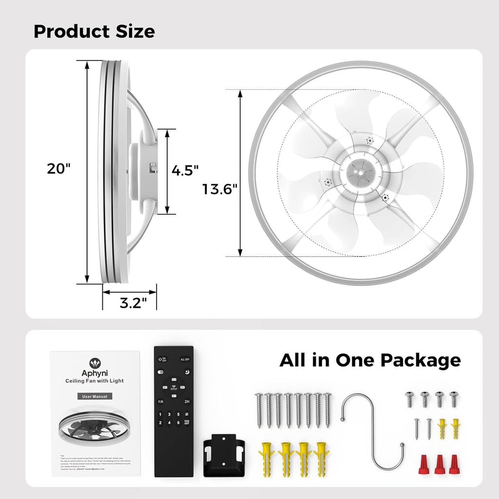 Ceiling Fans with Lights and Remote, 20" White Low Profile Ceiling Fan, Modern Flush Mount LED Fan Light, 6 Wind Speeds Fandelier Ceiling Fan with Light for Bedroom, 3000-6500K Dimmable