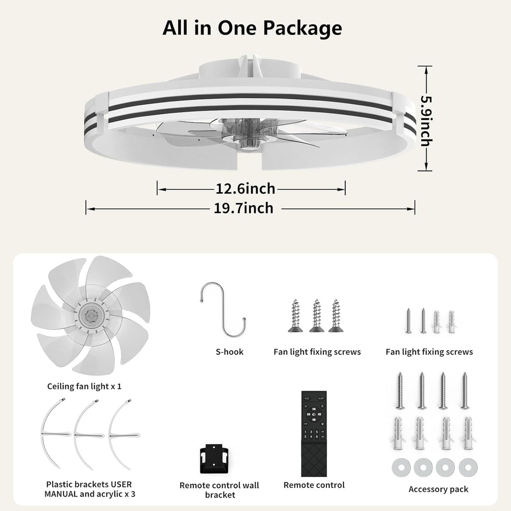 Ceiling Fans with Lights and Remote, 19.7" White Low Profile Ceiling Fan, Modern Flush Mount LED Fan Light, 6 Wind Speeds Fandelier Ceiling Fan with Light for Bedroom, 3000-6500K Dimmable