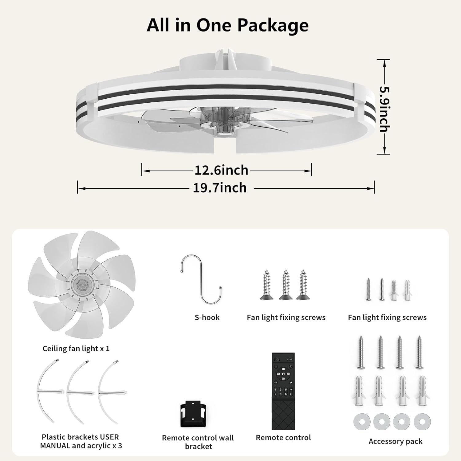 Ceiling Fans with Lights and Remote, 19.7" White Low Profile Ceiling Fan, Modern Flush Mount LED Fan Light, 6 Wind Speeds Fandelier Ceiling Fan with Light for Bedroom, 3000-6500K Dimmable