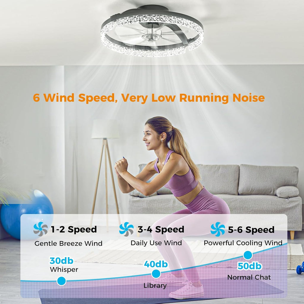 LED Ceiling Fans Foldable with Lights and Remote Flush Mount Ceiling Fan 3000-6500K Dimmable 6 Wind Speeds for Home Bedroom Kitchen Garage Shop Black-Crystal