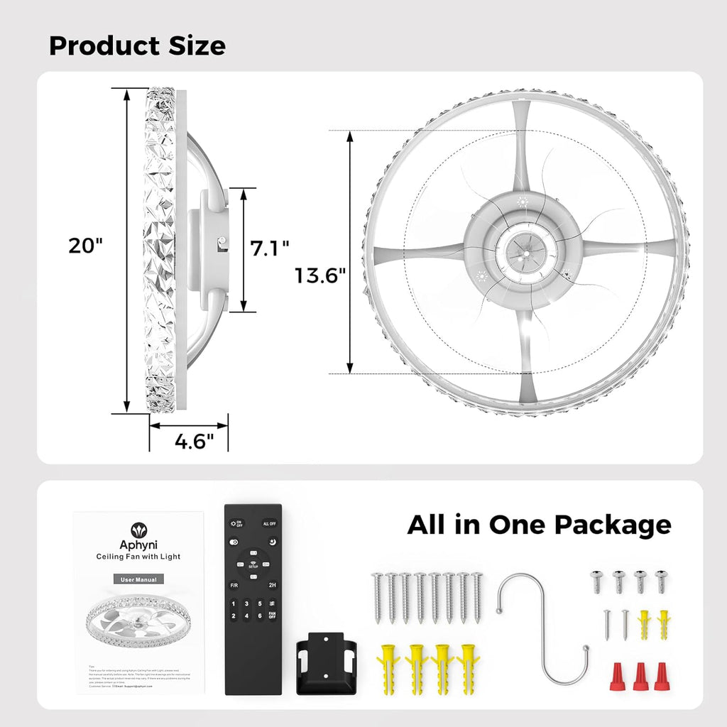 Ceiling Fans with Lights and Remote, Crystal-Edged Modern Flush Mount LED Fan Light, 6 Wind Speeds Low Profile Fandelier Ceiling Fan with Light for Bedroom, 3000-6500K Dimmable (20" White)