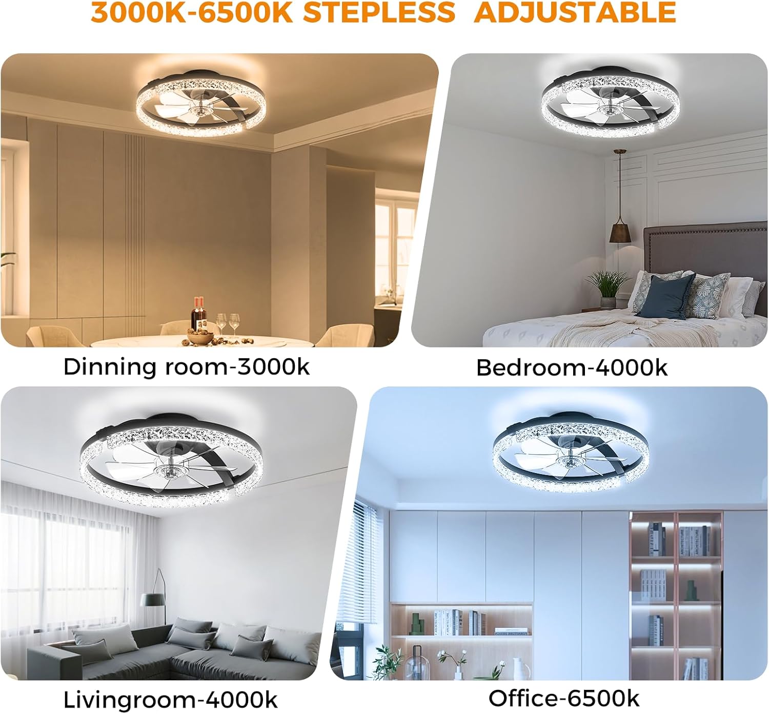 Ceiling Fans with Lights and Remote Low Profile Flush Mount LED Ceiling Fan with Lights 3000K-6500K Dimmable Foldable Fandelier Light 6 Wind Speeds Night Light for Bedroom Living Room Black
