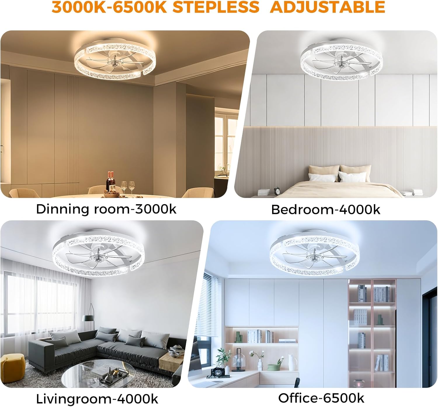 Ceiling Fans with Lights and Remote Low Profile Flush Mount LED Ceiling Fan with Lights 3000K-6500K Dimmable Foldable Fandelier Light 6 Wind Speeds Night Light for Bedroom Living Room White