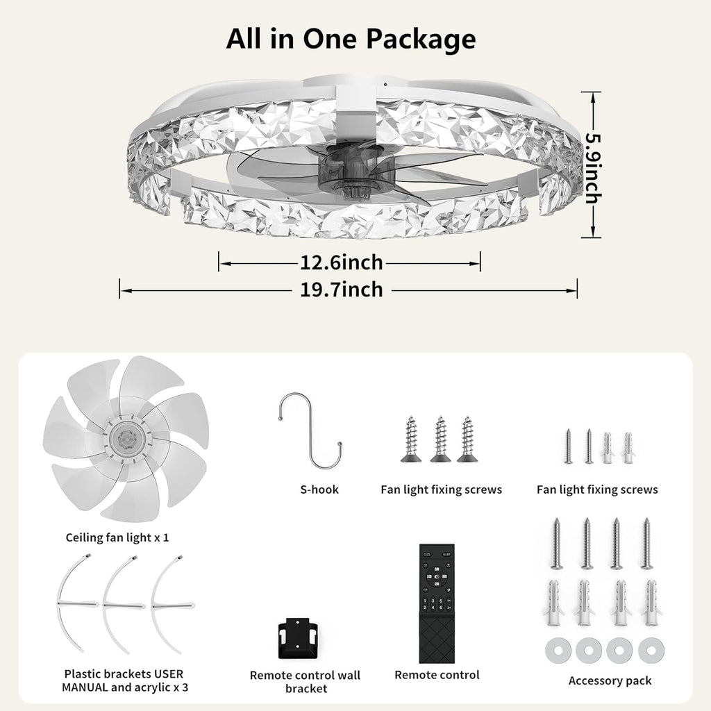 Ceiling Fans with Lights and Remote, Crystal-Edged Modern Flush Mount LED Fan Light, 6 Wind Speeds Low Profile Fandelier Ceiling Fan with Light for Bedroom, 3000-6500K Dimmable (19.7" White)