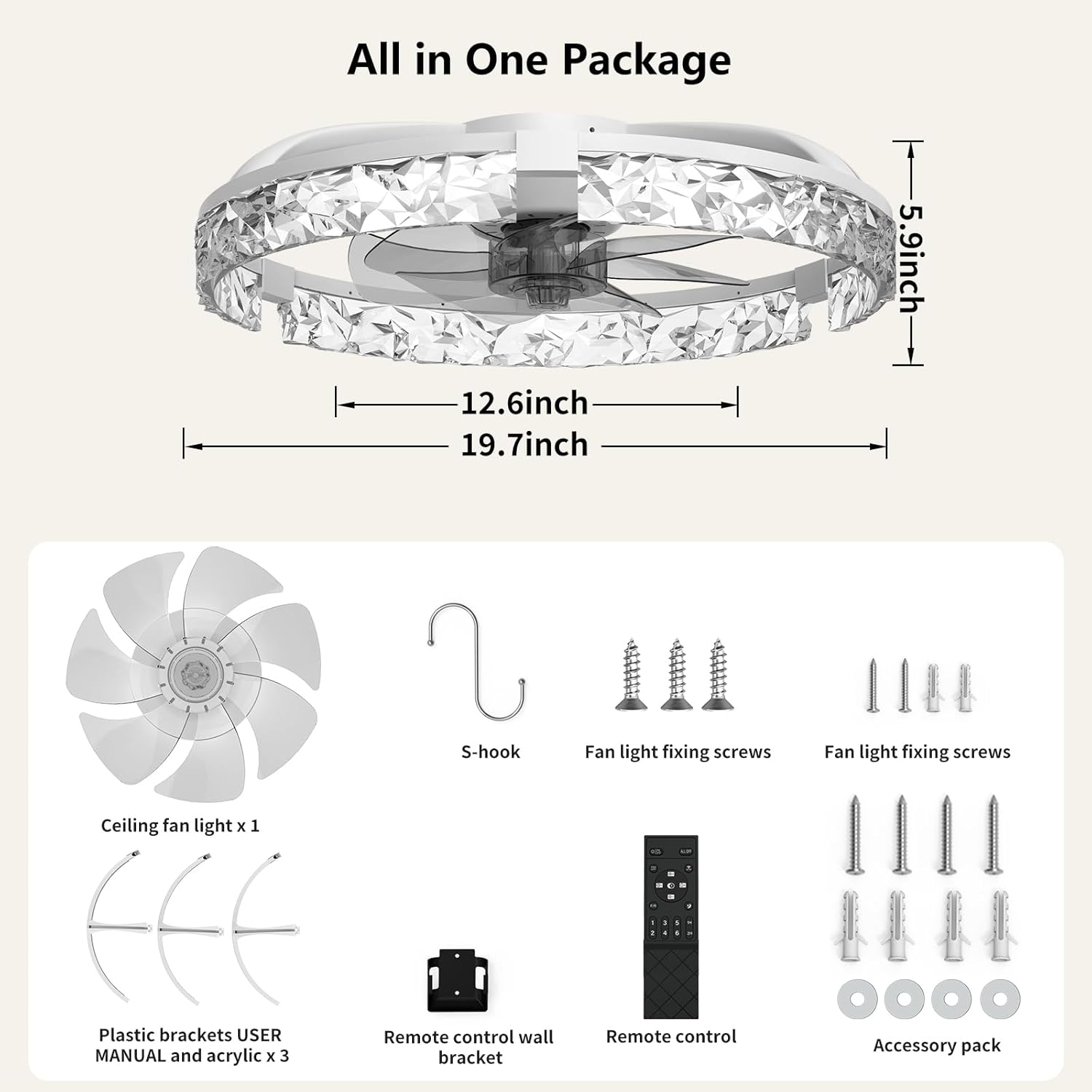 Ceiling Fans with Lights and Remote, Crystal-Edged Modern Flush Mount LED Fan Light, 6 Wind Speeds Low Profile Fandelier Ceiling Fan with Light for Bedroom, 3000-6500K Dimmable (19.7" White)