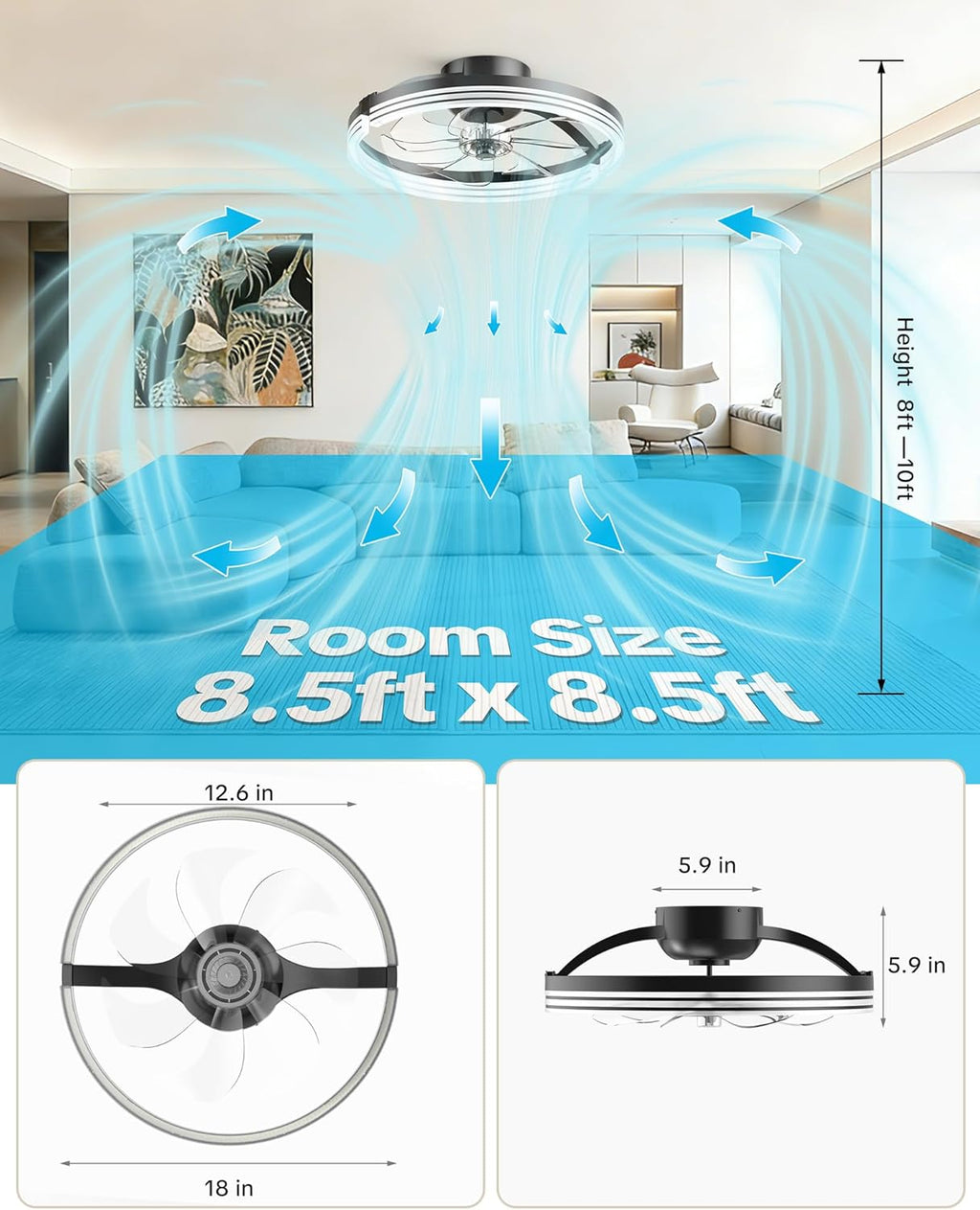 Ceiling Fans with Lights and Remote Low Profile Flush Mount LED Ceiling Fan with Lights 3000K-6500K Dimmable Foldable Fandelier Light 6 Wind Speeds Night Light for Bedroom Living Room Black (Striped)