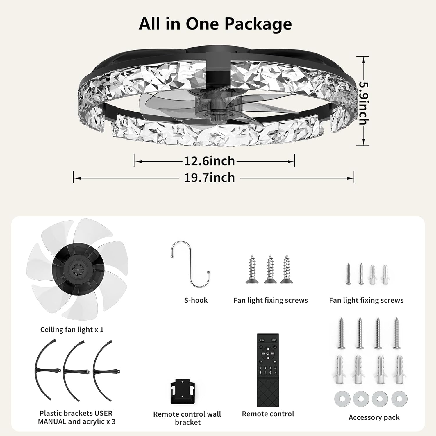 Ceiling Fans with Lights and Remote, Crystal-Edged Modern Flush Mount LED Fan Light, 6 Wind Speeds Low Profile Fandelier Ceiling Fan with Light for Bedroom, 3000-6500K Dimmable (19.7" Black)