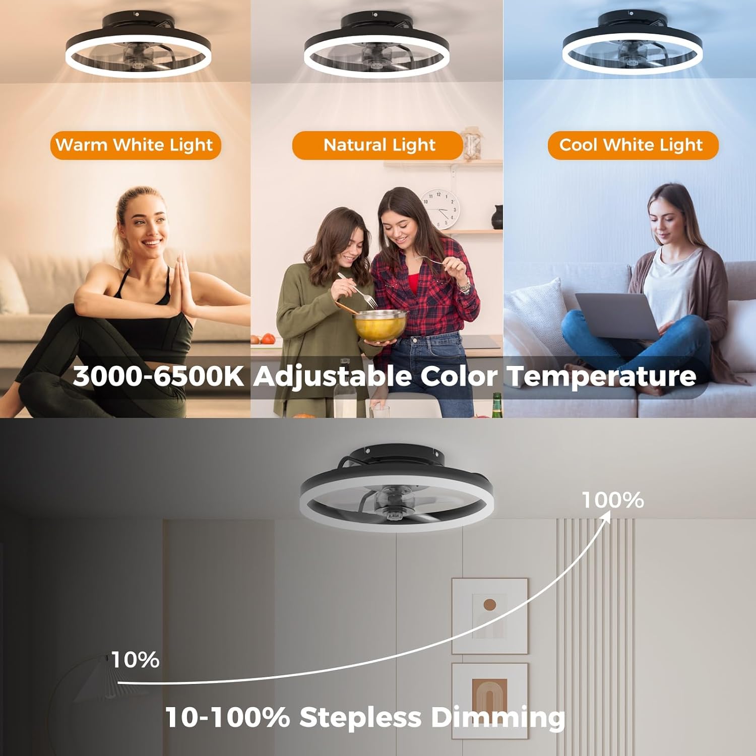Ceiling Fans with Lights and Remote, Low Profile Ceiling Fan, Modern Flush Mount LED Fan Light, 6 Wind Speeds Fandelier Ceiling Fan with Light for Bedroom, 3000-6500K Dimmable (15.7" Graphite)