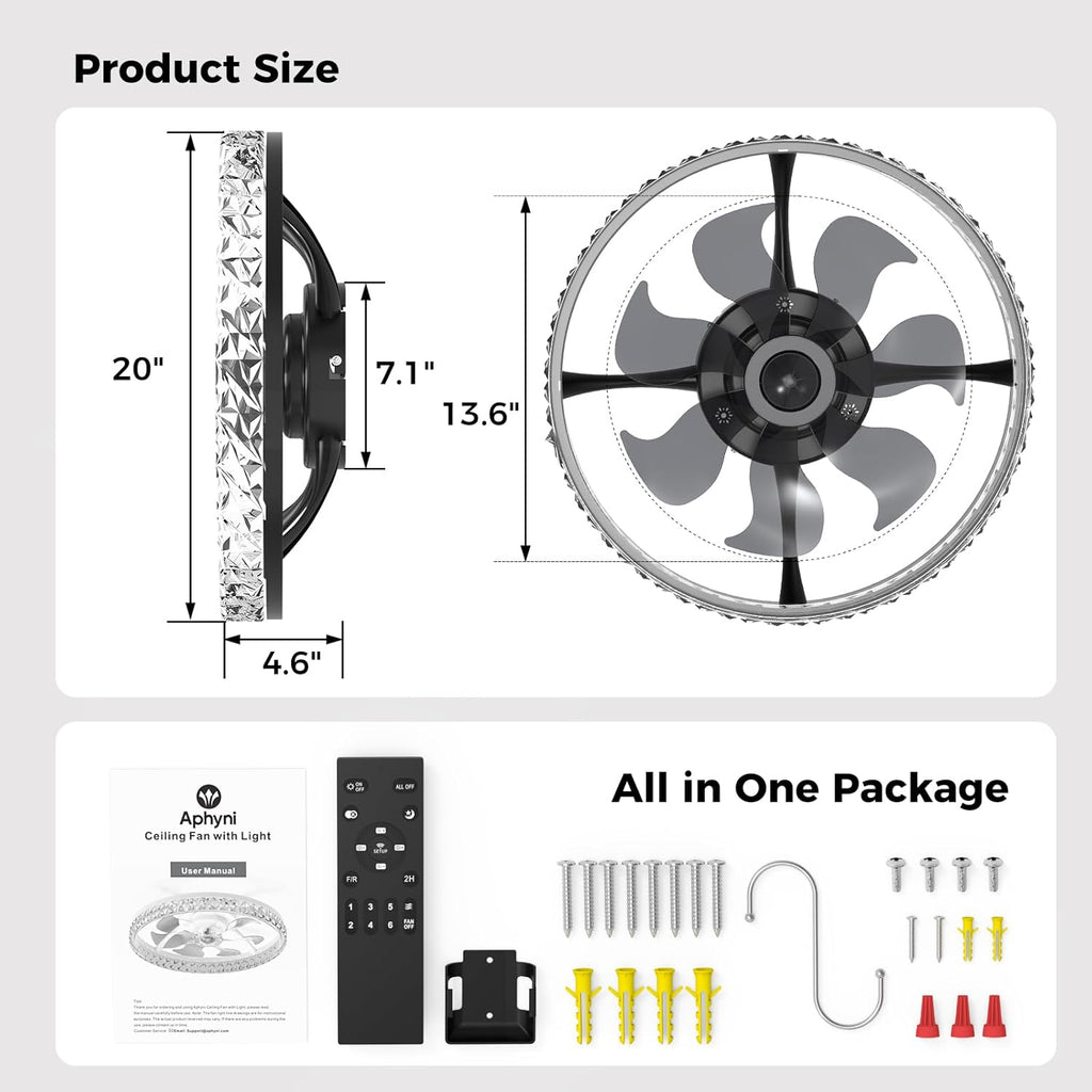 Ceiling Fans with Lights and Remote, Crystal-Edged Modern Flush Mount LED Fan Light, 6 Wind Speeds Low Profile Fandelier Ceiling Fan with Light for Bedroom, 3000-6500K Dimmable (20" Black)