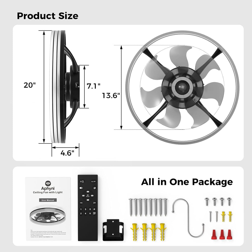 Ceiling Fans with Lights and Remote, 20" Black Low Profile Ceiling Fan, Modern Flush Mount LED Fan Light, 6 Wind Speeds Fandelier Ceiling Fan with Light for Bedroom, 3000-6500K Dimmable