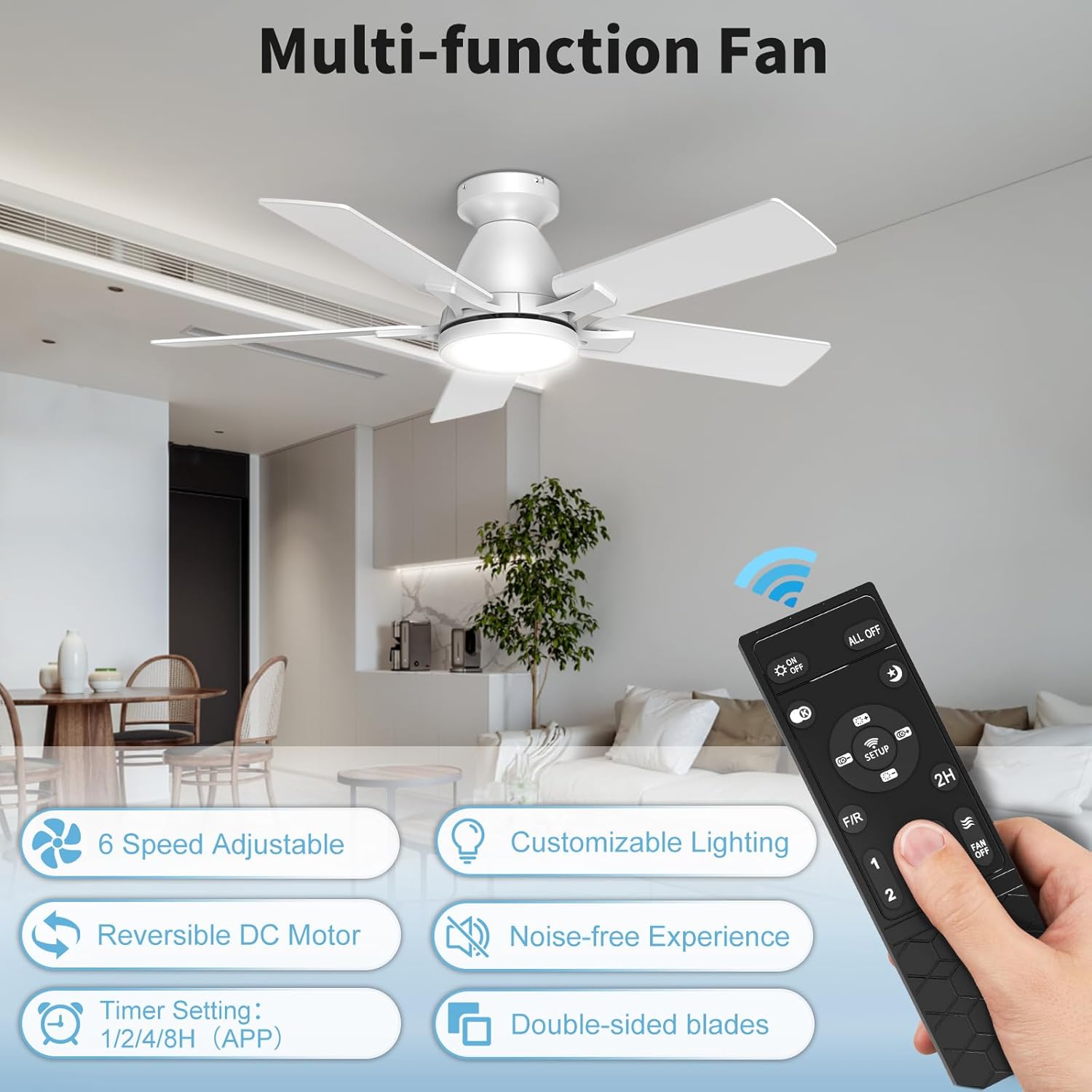 42 Inch Ceiling Fans with Lights and Remote Control, 6-Speed Quiet DC Motor, Reversible Blades, Dimmable LED Light (3CCT Adjustable), Modern Design for Bedroom, Living Room, Indoor Use - White