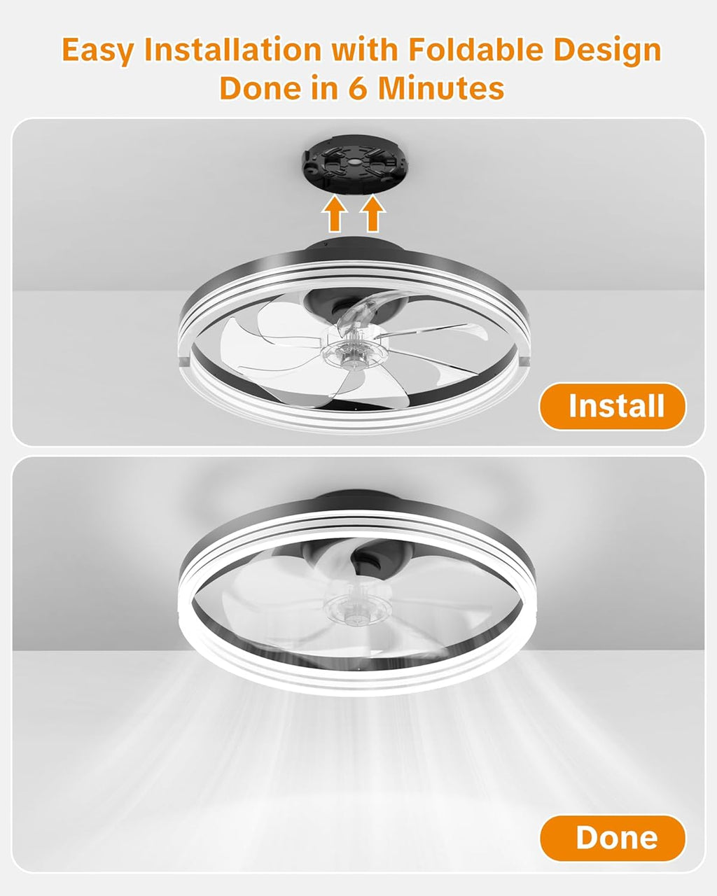 Ceiling Fans with Lights and Remote Low Profile Flush Mount LED Ceiling Fan with Lights 3000K-6500K Dimmable Foldable Fandelier Light 6 Wind Speeds Night Light for Bedroom Living Room Black (Striped)