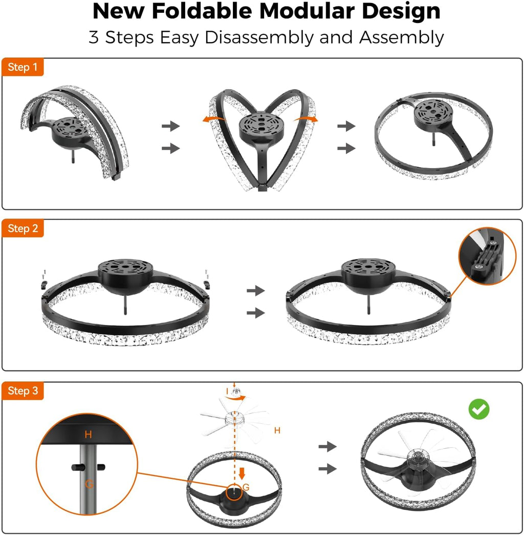 Ceiling Fans with Lights and Remote Low Profile Flush Mount LED Ceiling Fan with Lights 3000K-6500K Dimmable Foldable Fandelier Light 6 Wind Speeds Night Light for Bedroom Living Room Black