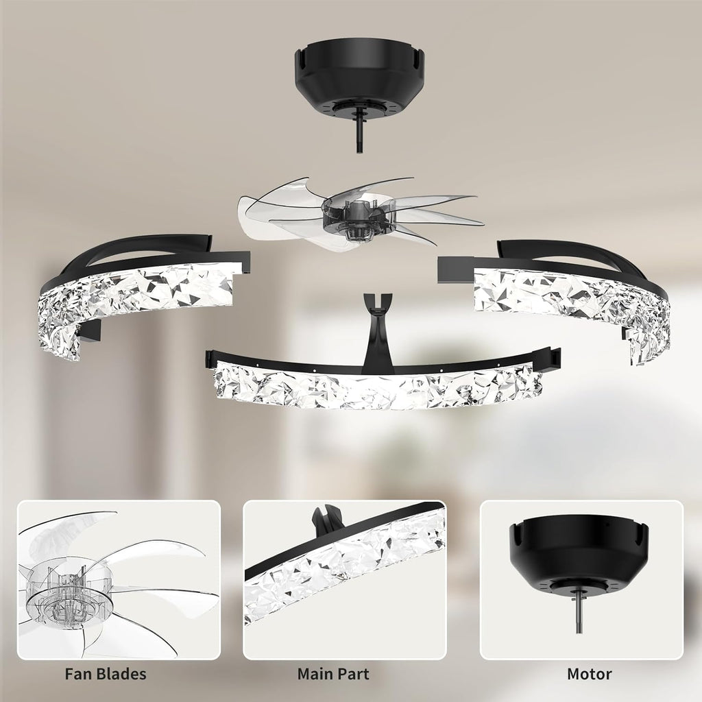 Ceiling Fans with Lights and Remote, Crystal-Edged Modern Flush Mount LED Fan Light, 6 Wind Speeds Low Profile Fandelier Ceiling Fan with Light for Bedroom, 3000-6500K Dimmable (19.7" Black)