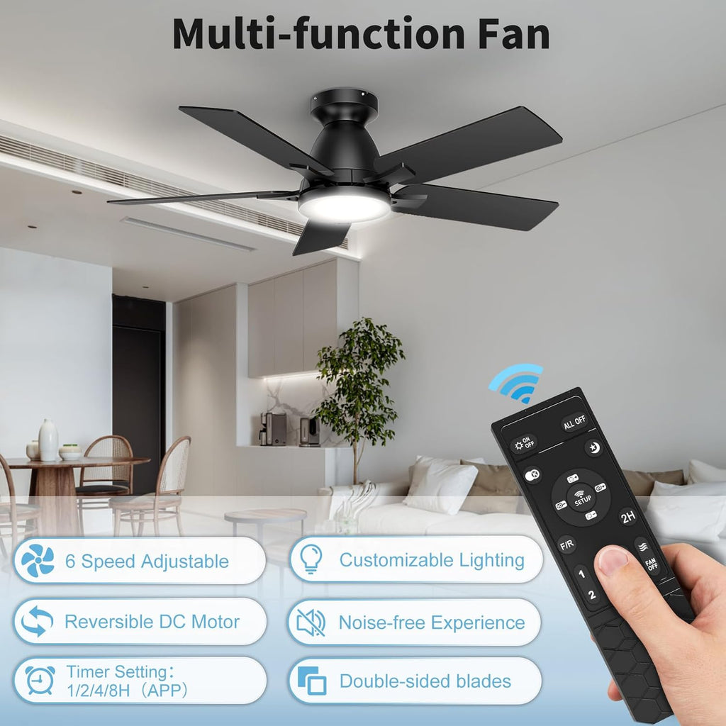 42 Inch Ceiling Fans with Lights and Remote Control, 6-Speed Quiet DC Motor, Reversible Blades, Dimmable LED Light (3CCT Adjustable), Modern Design for Bedroom, Living Room, Indoor Use - Black