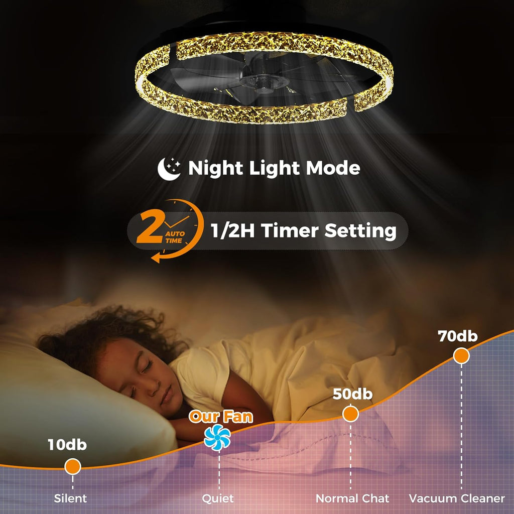 LED Ceiling Fans Foldable with Lights and Remote Flush Mount Ceiling Fan 3000-6500K Dimmable 6 Wind Speeds for Home Bedroom Kitchen Garage Shop Black-Crystal